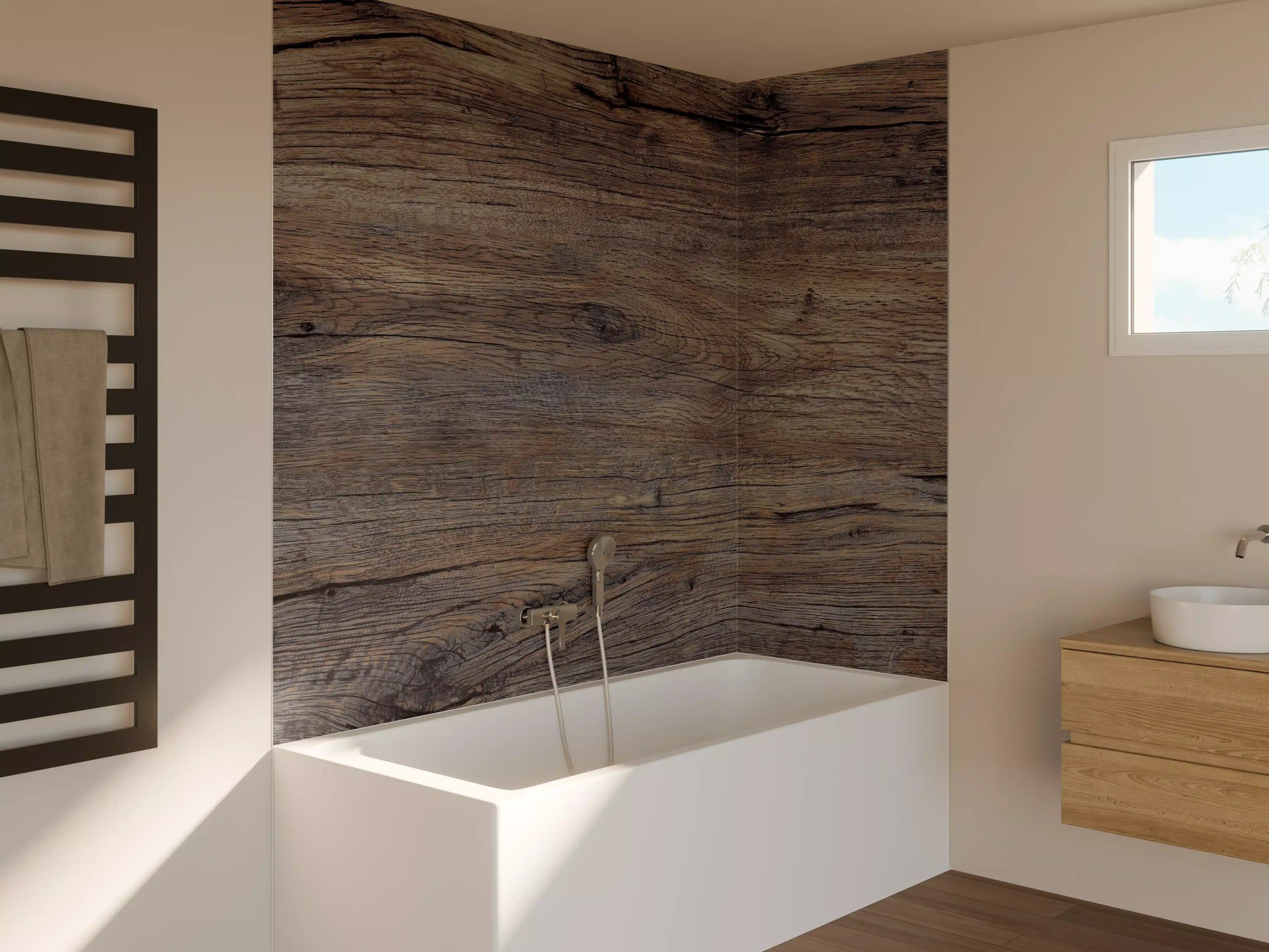 Badewannen-Rückwand - Vintage gräuliche Holztextur
