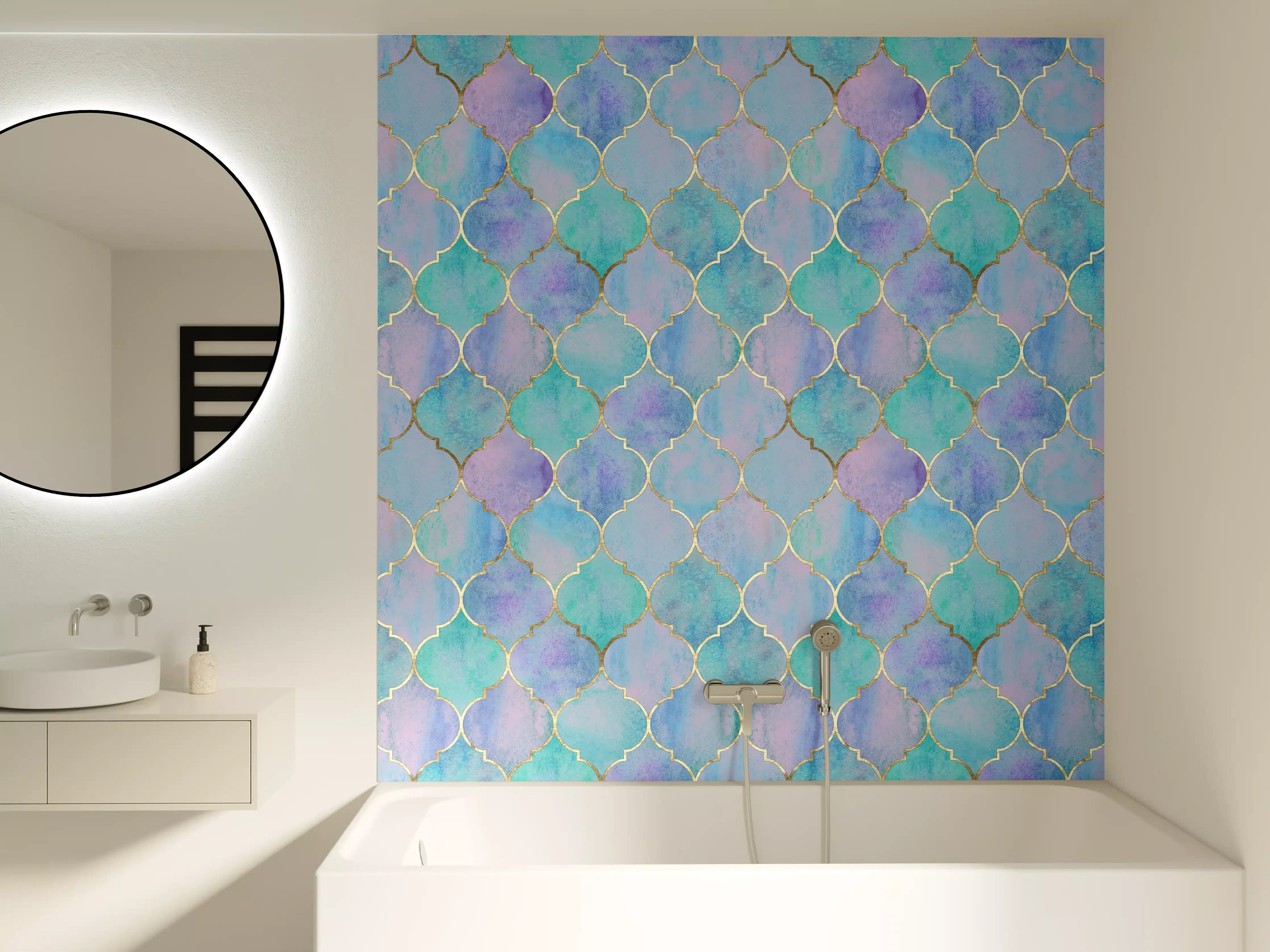 Badewannen-Rückwand - Violett-Türkis Wasserfarben Muster