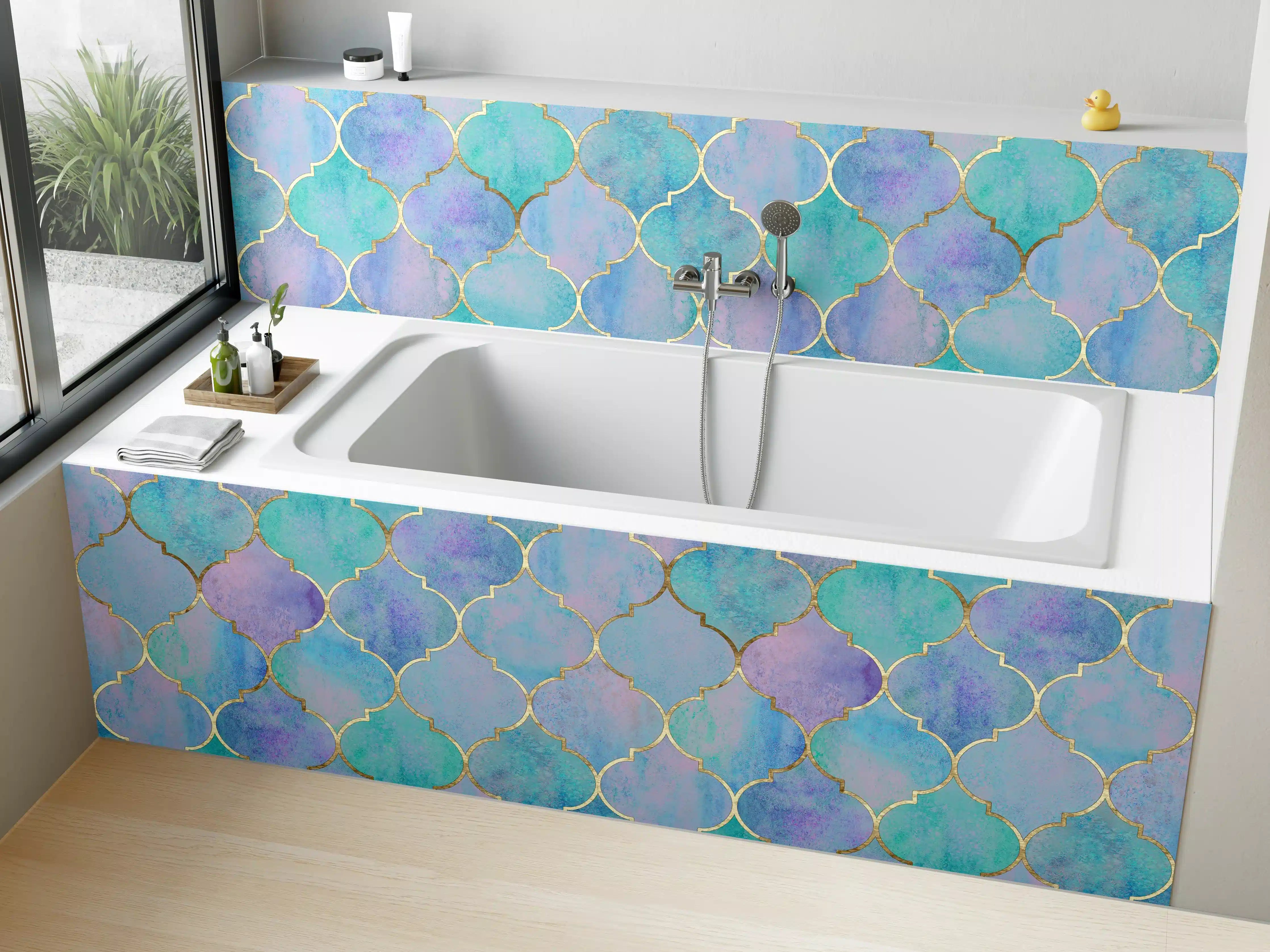 Badewannen-Rückwand - Violett-Türkis Wasserfarben Muster