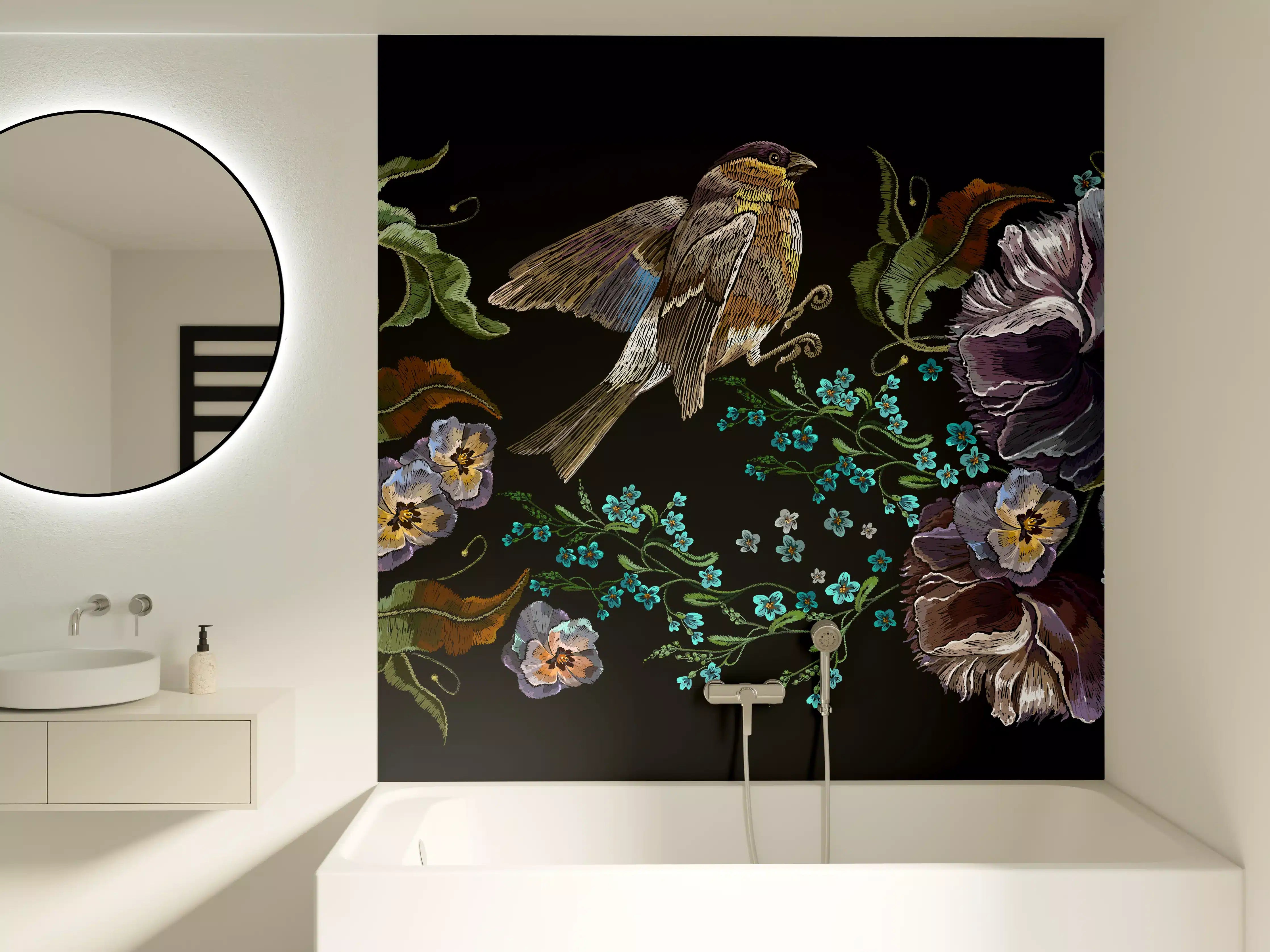 Badewannen-Rückwand - Violette Blumen Vogelmuster Stickerei