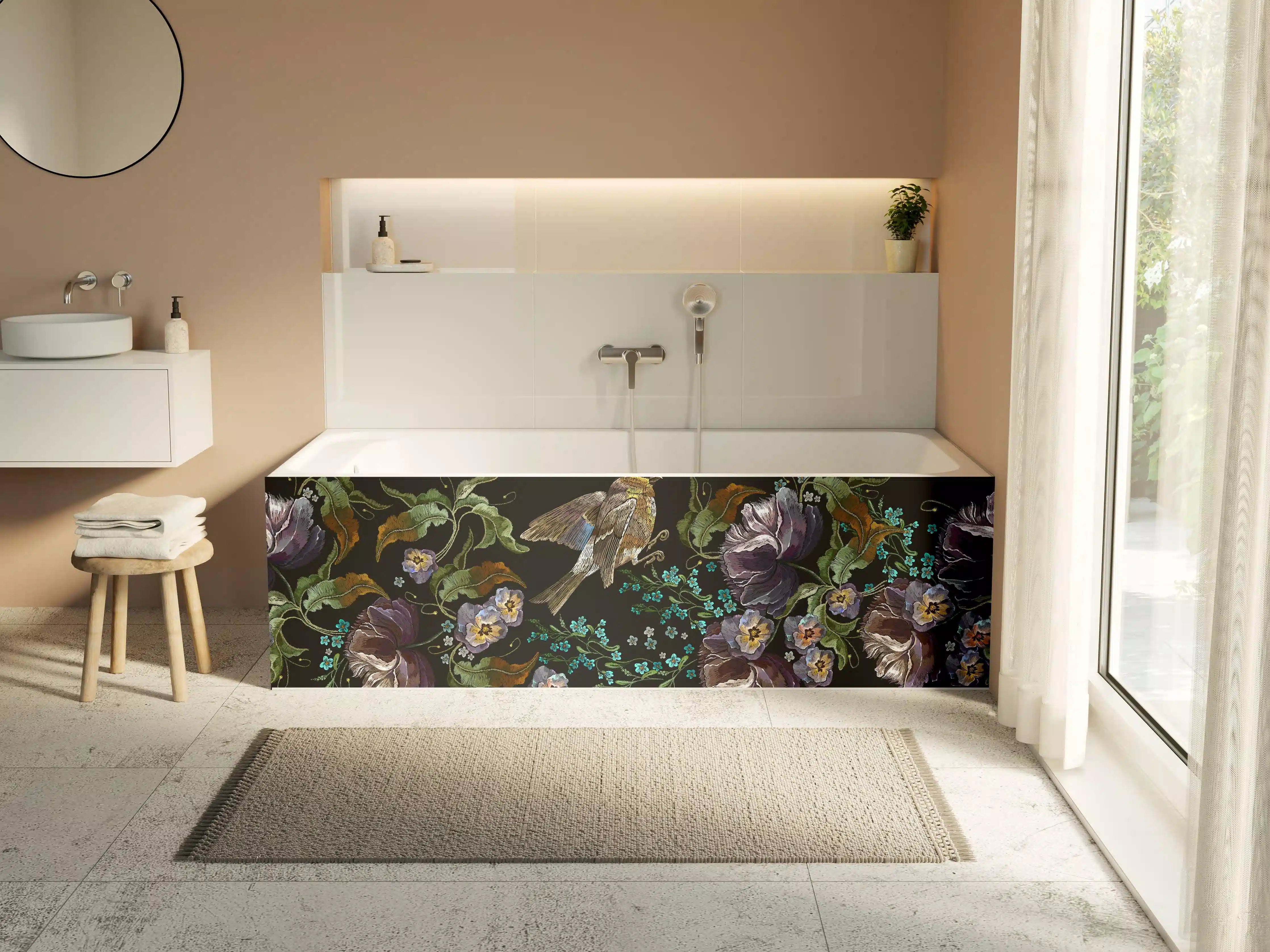 Badewannen-Rückwand - Violette Blumen Vogelmuster Stickerei