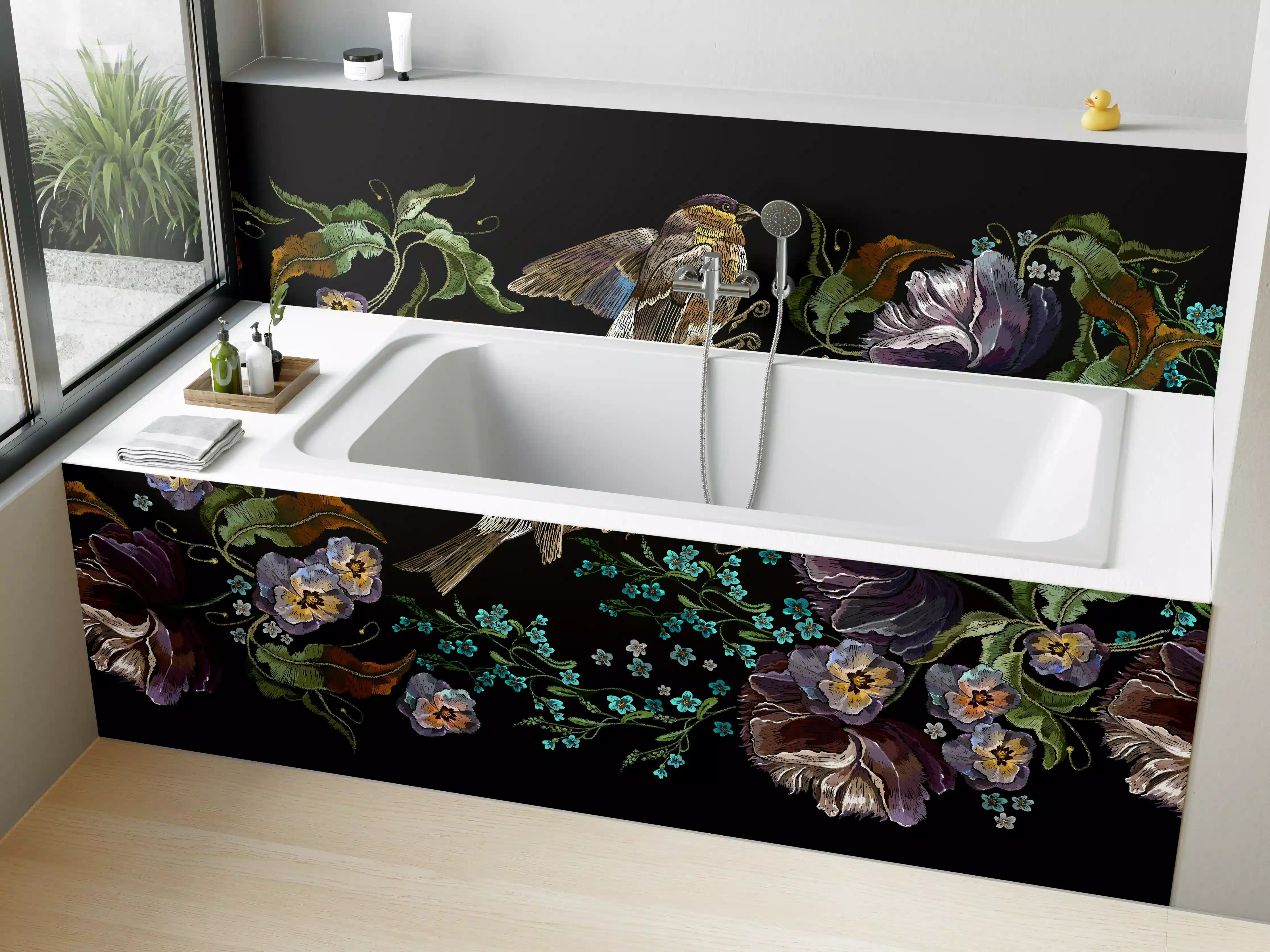 Badewannen-Rückwand - Violette Blumen Vogelmuster Stickerei
