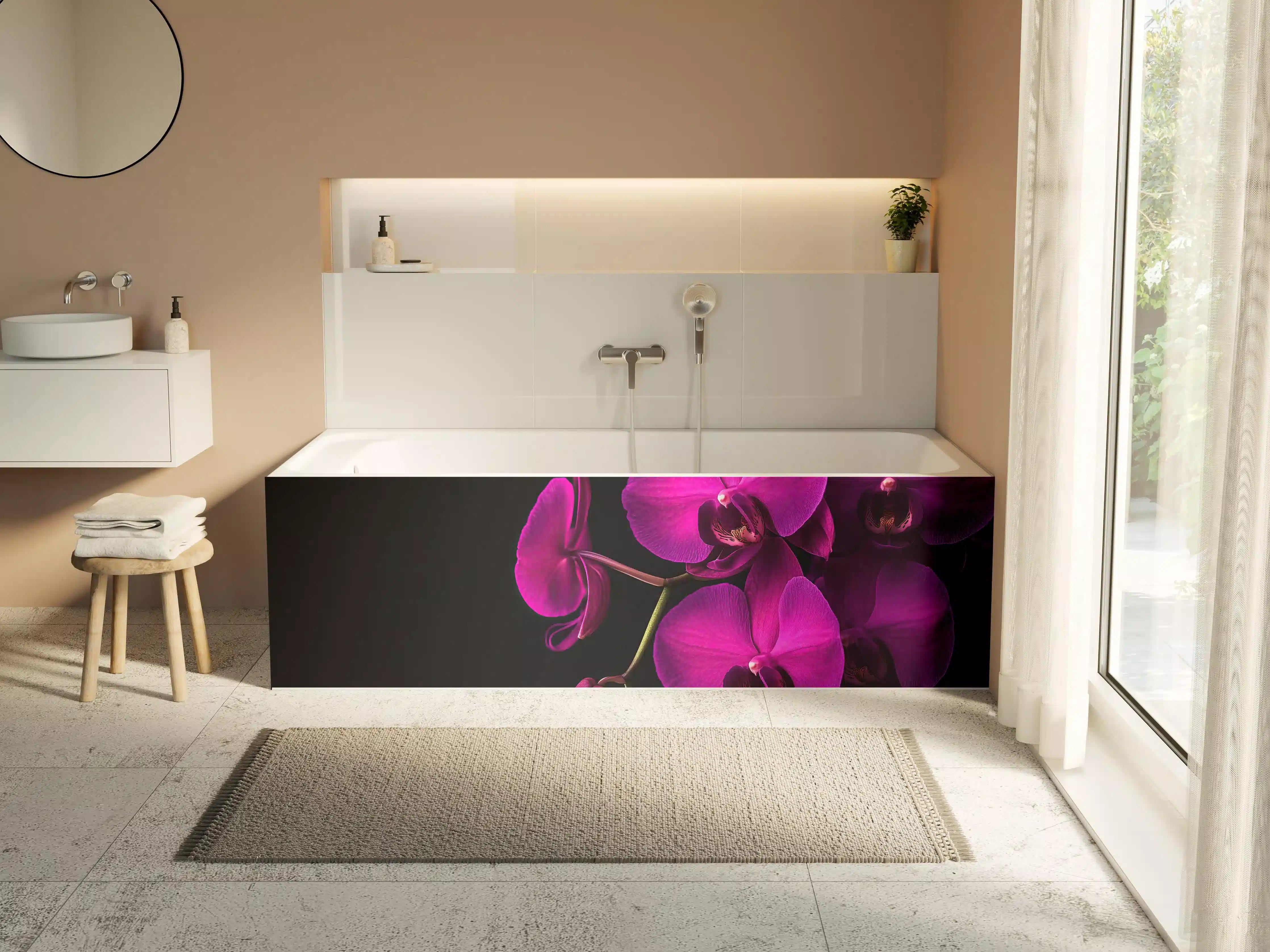 Badewannen-Rückwand - Violette Orchideen auf Schwarz