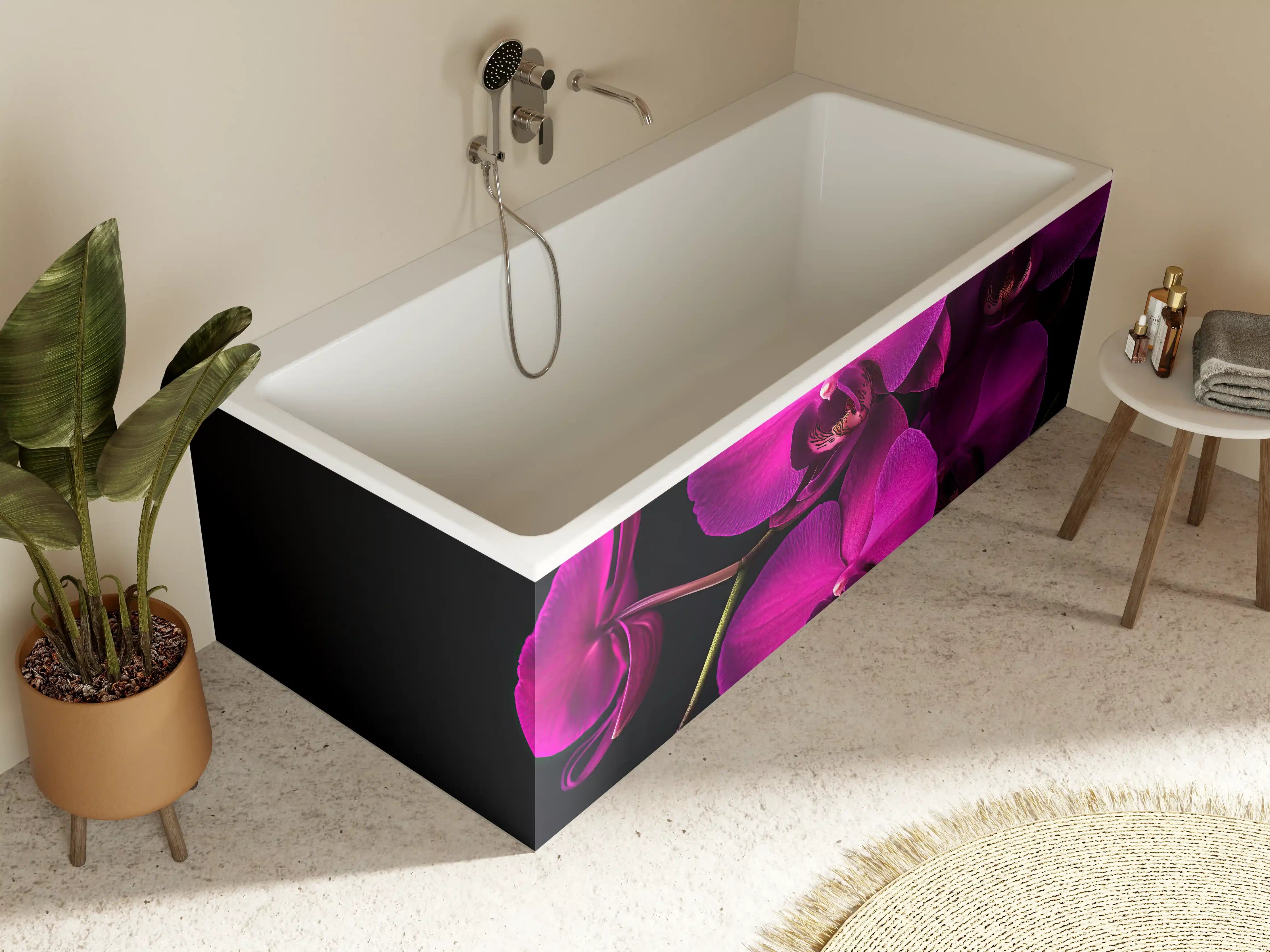 Badewannen-Rückwand - Violette Orchideen auf Schwarz
