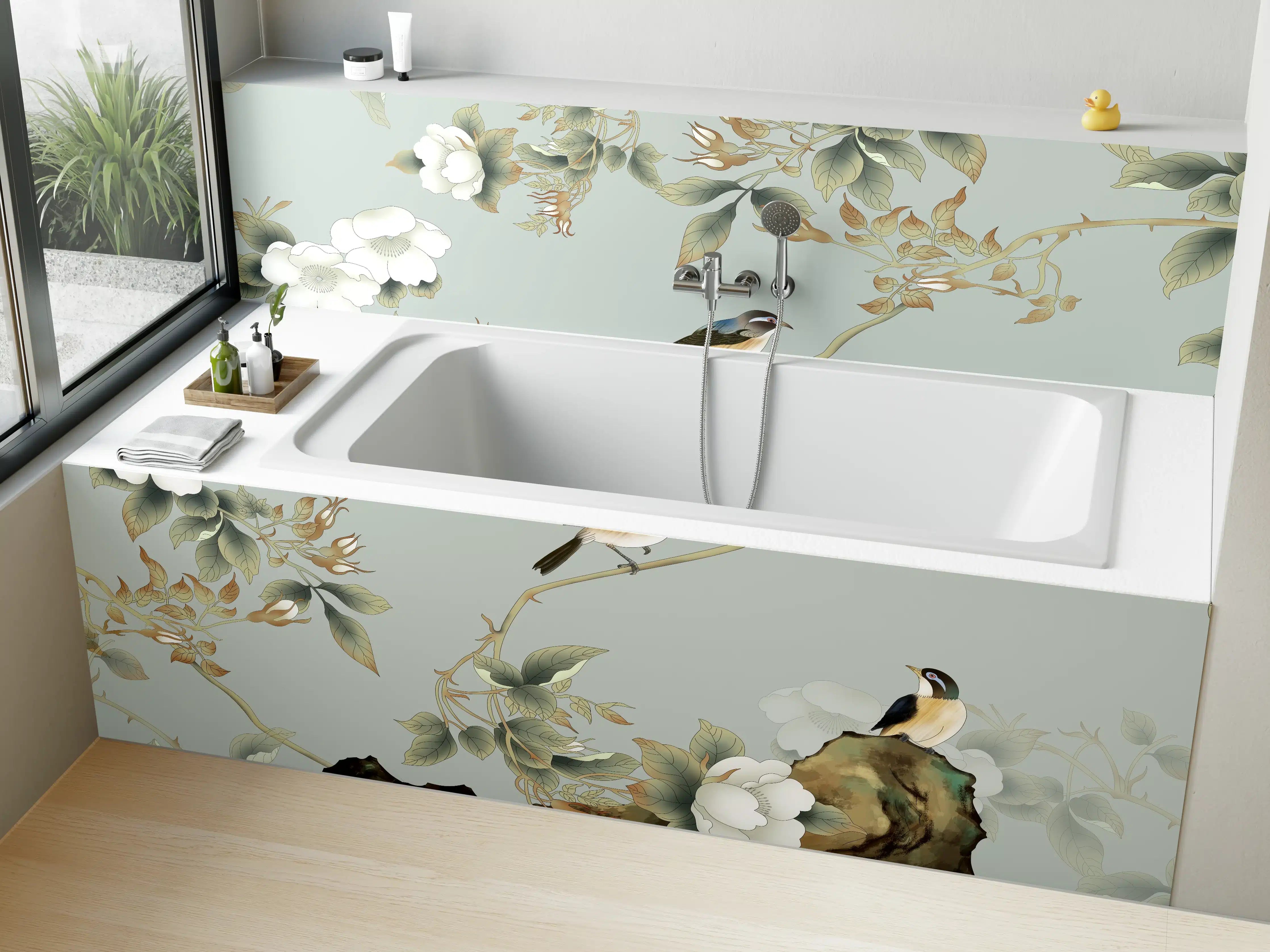 Badewannen-Rückwand - Vögel Natur Illustration auf grauem Hintergrund