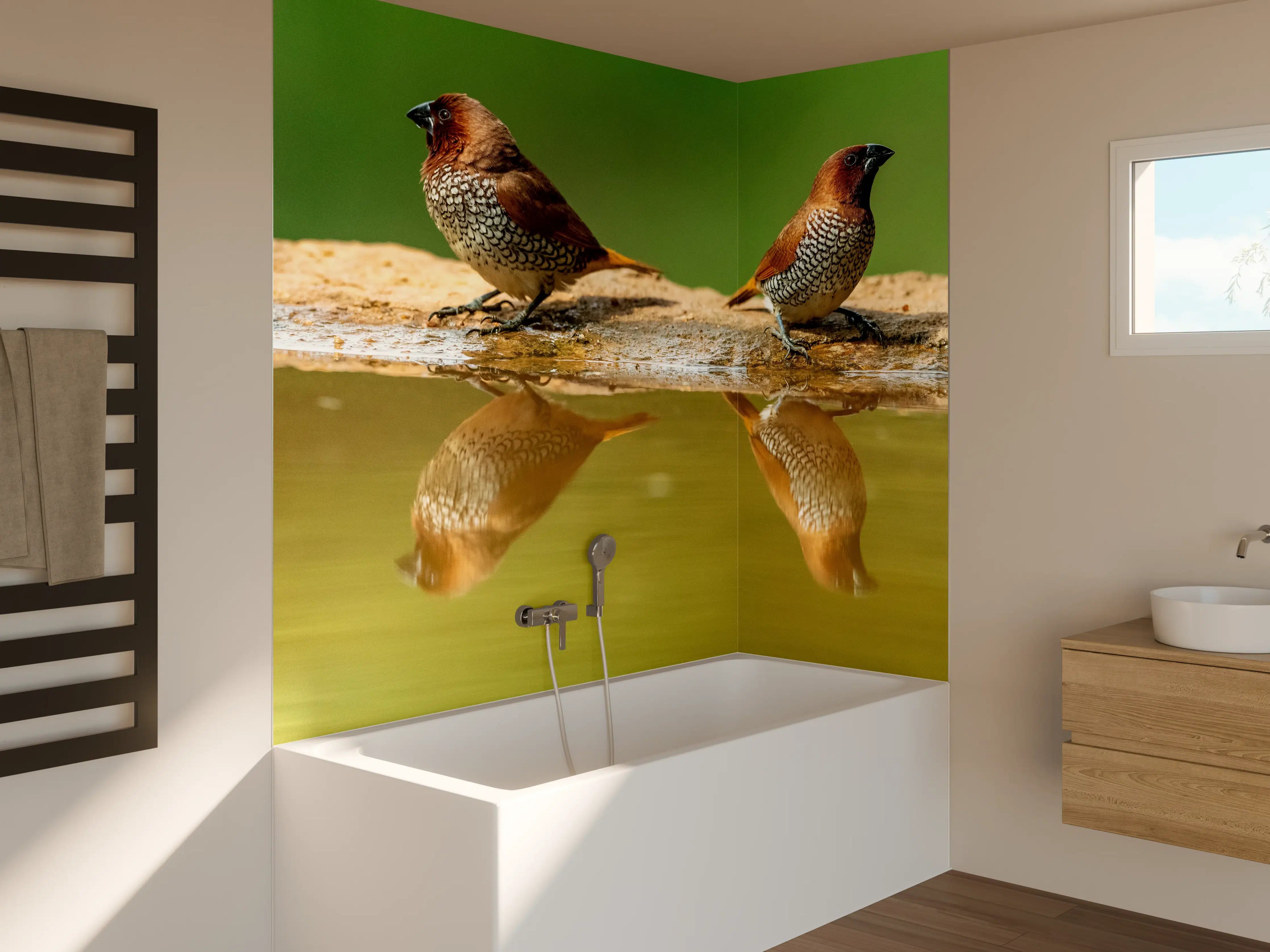 Badewannen-Rückwand - Vögel Spiegelung im Wasser