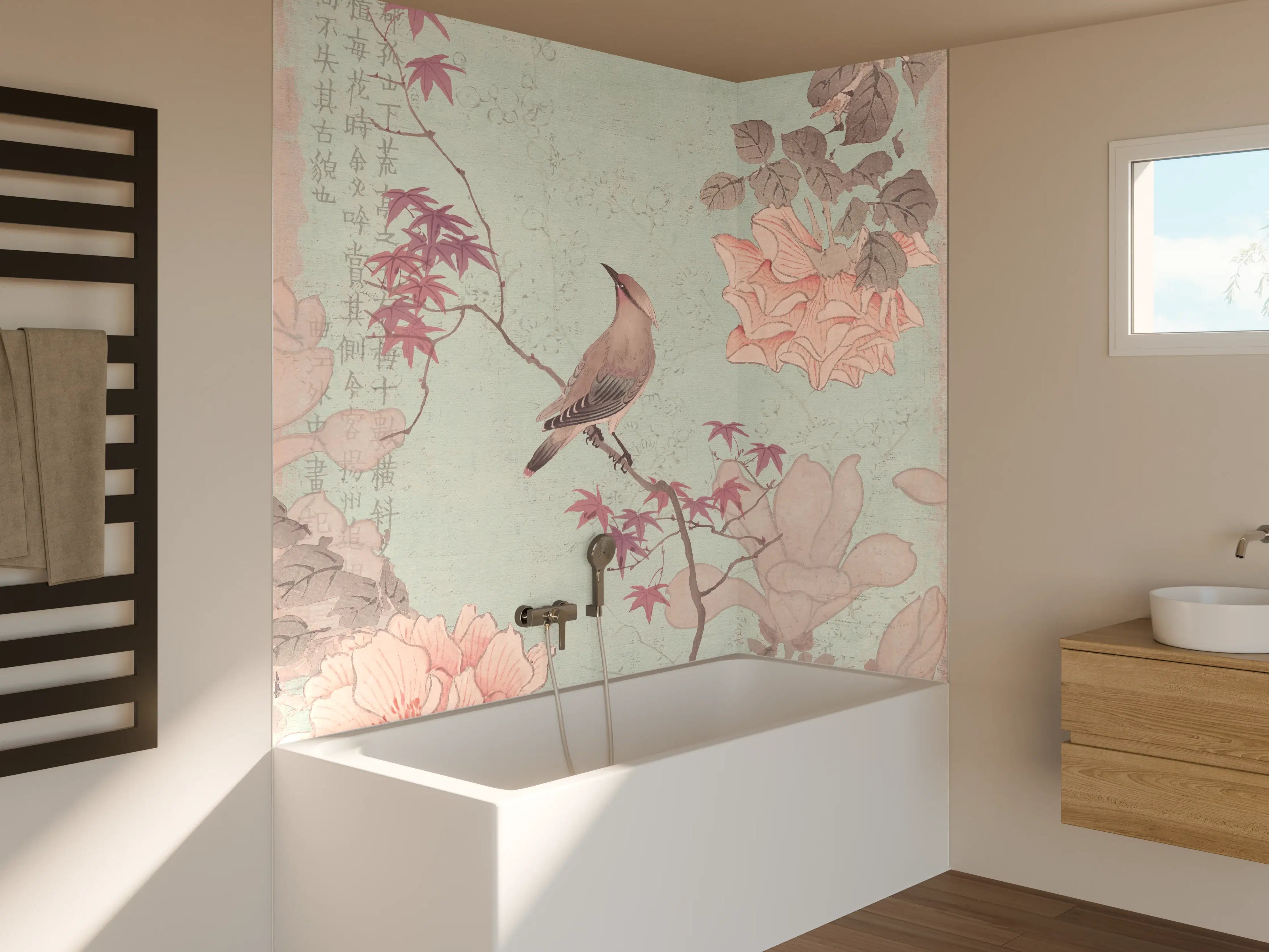 Badewannen-Rückwand - Vogel Zeichnung - Rosa