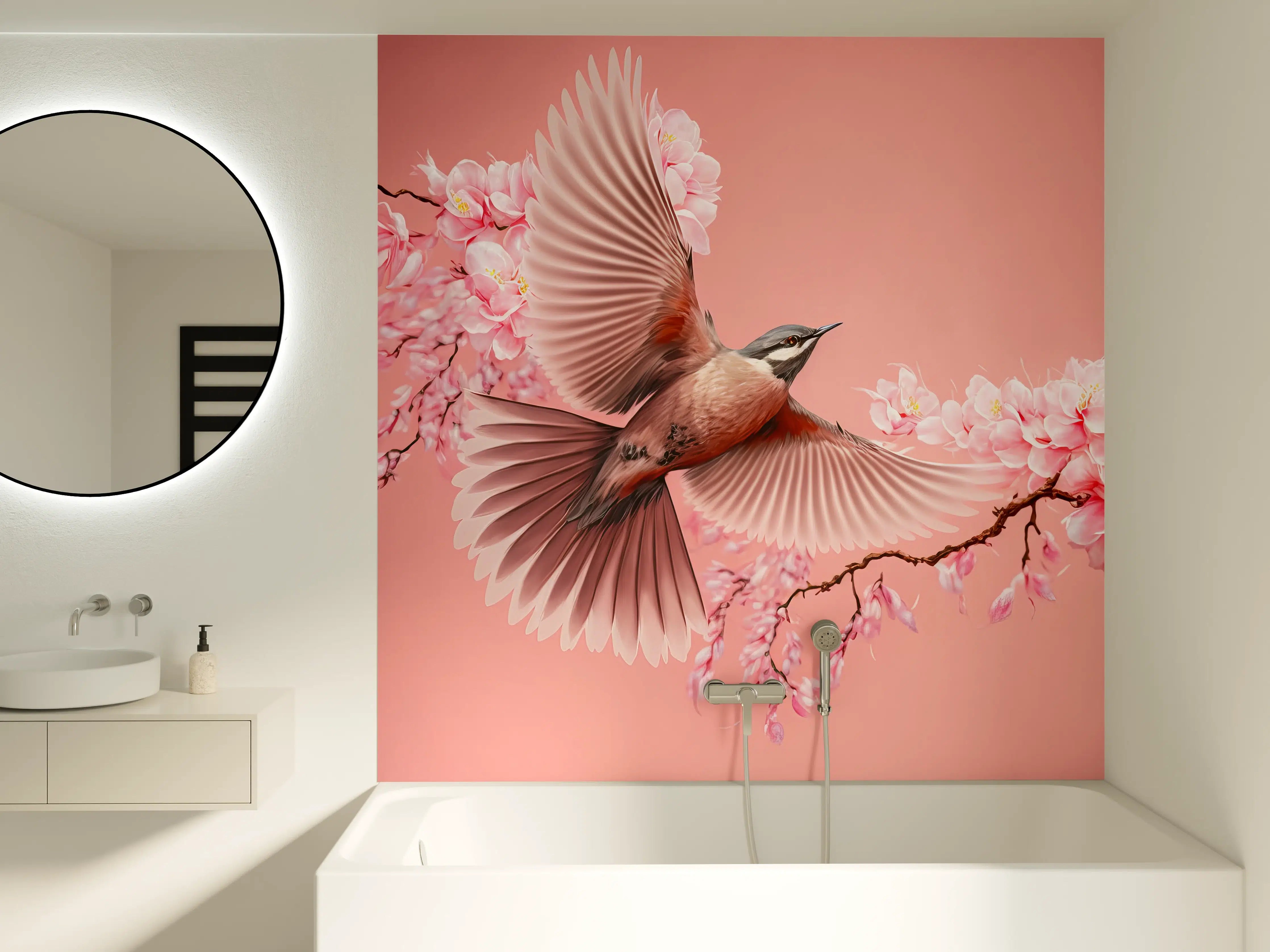 Badewannen-Rückwand - Vogel und Kirschblüten Pink