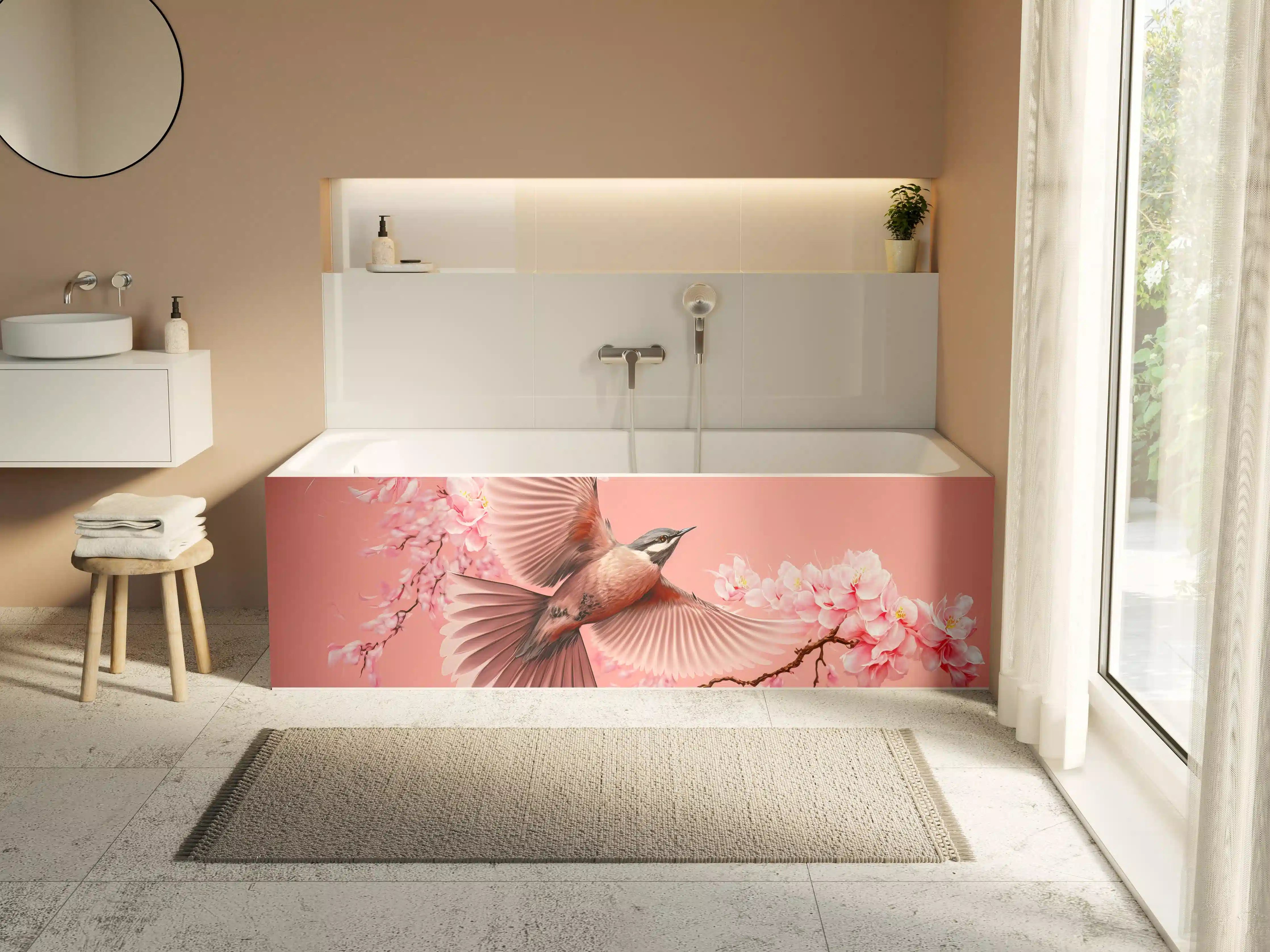 Badewannen-Rückwand - Vogel und Kirschblüten Pink