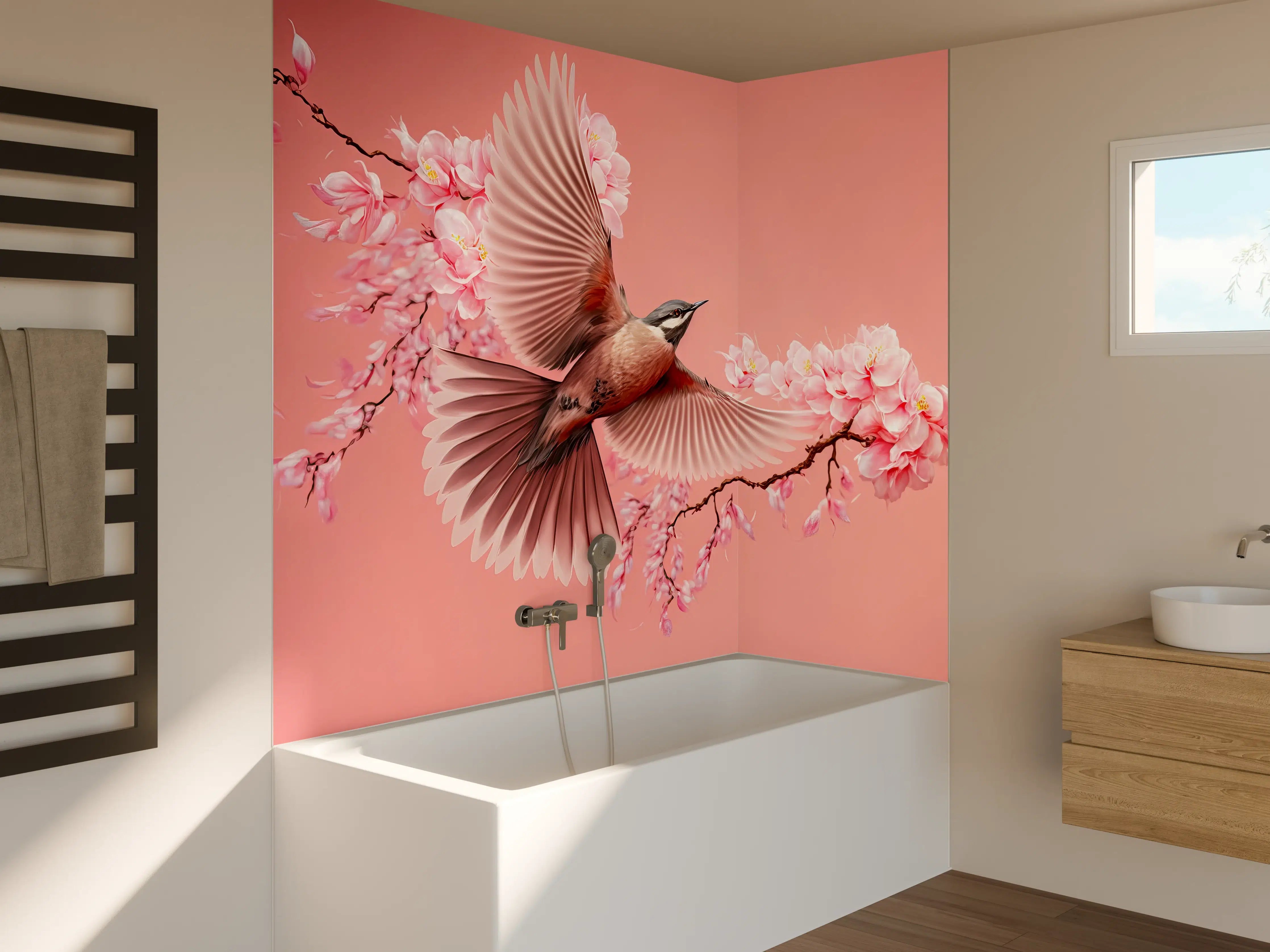 Badewannen-Rückwand - Vogel und Kirschblüten Pink