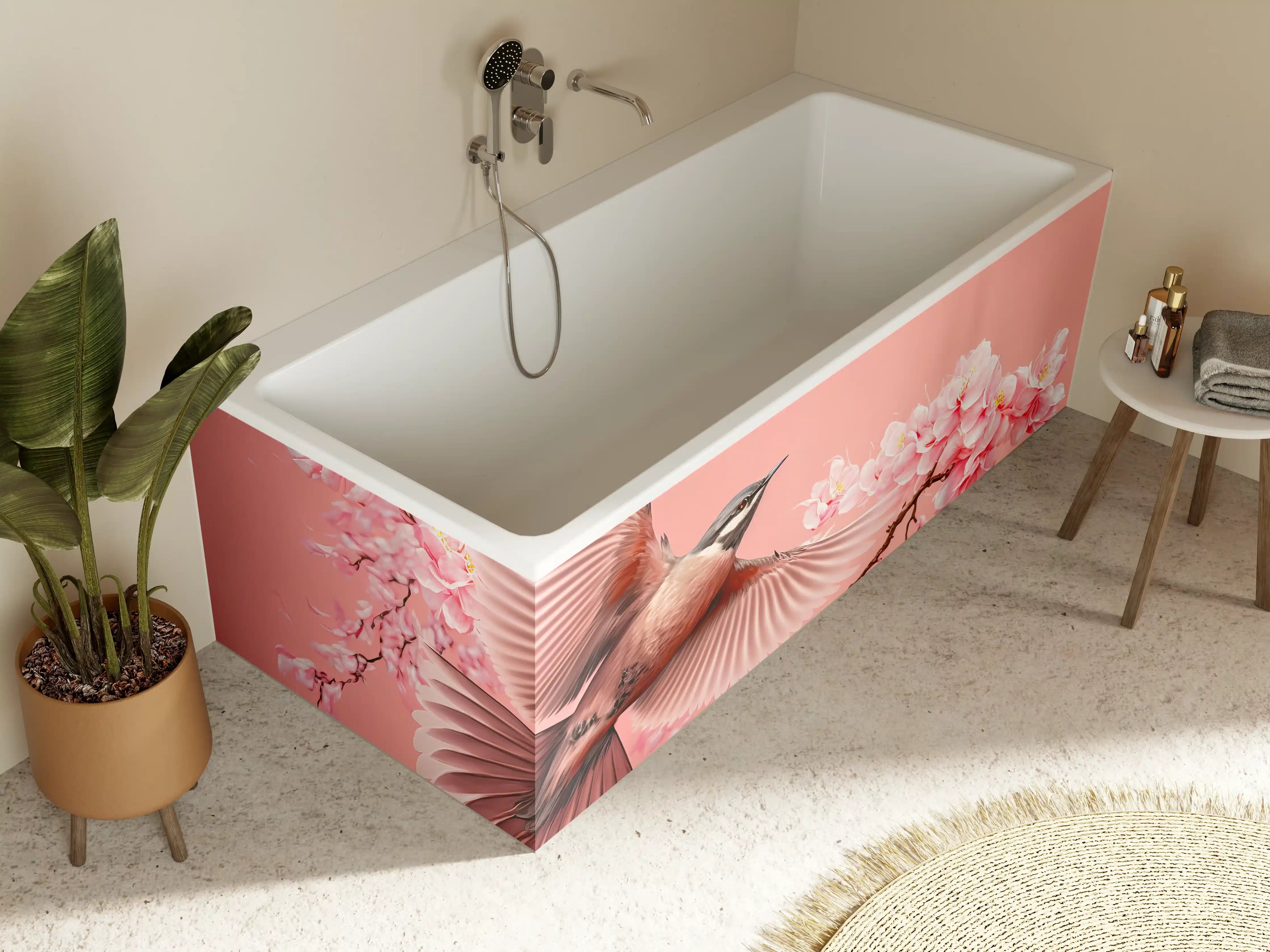 Badewannen-Rückwand - Vogel und Kirschblüten Pink