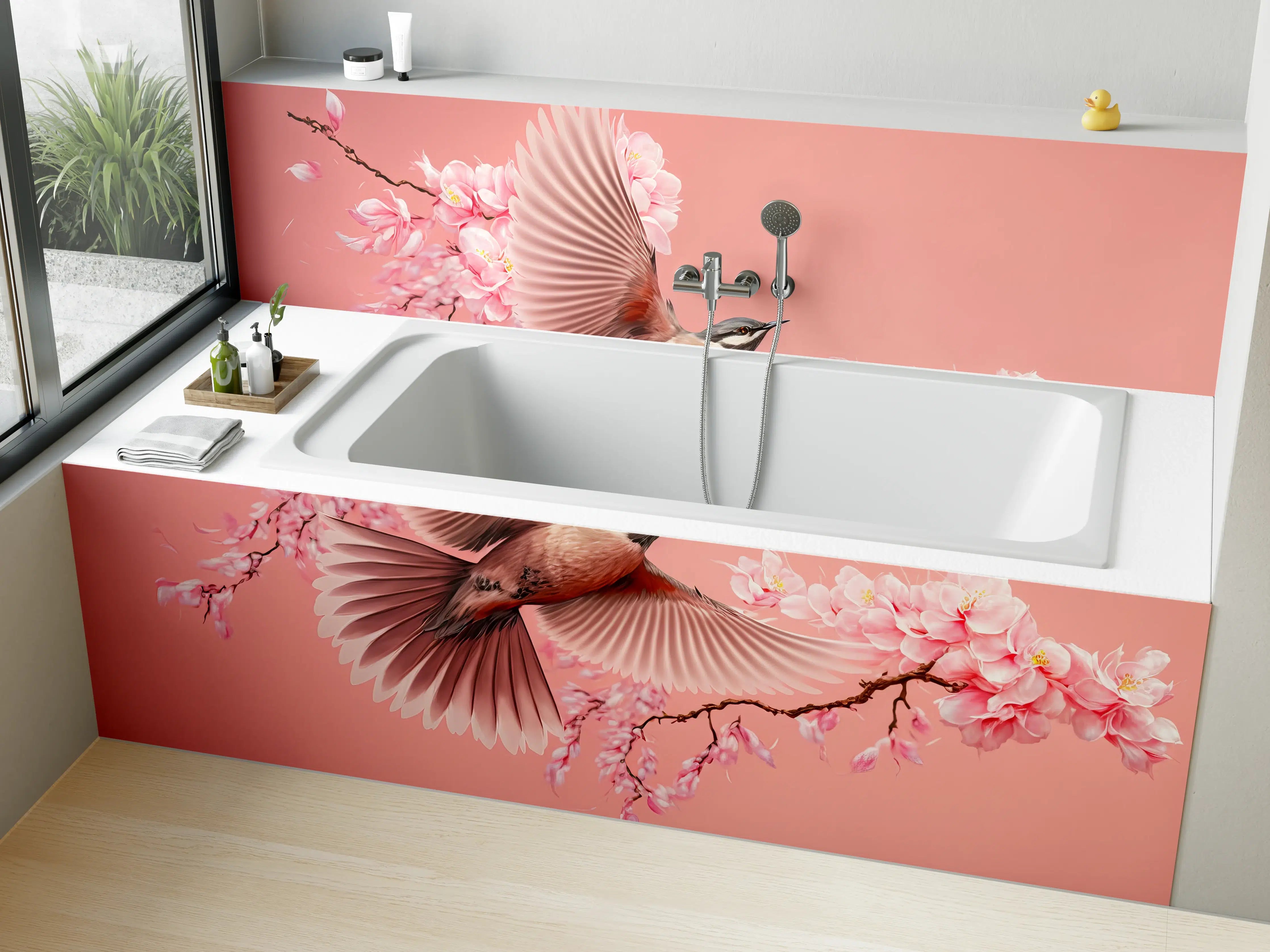 Badewannen-Rückwand - Vogel und Kirschblüten Pink