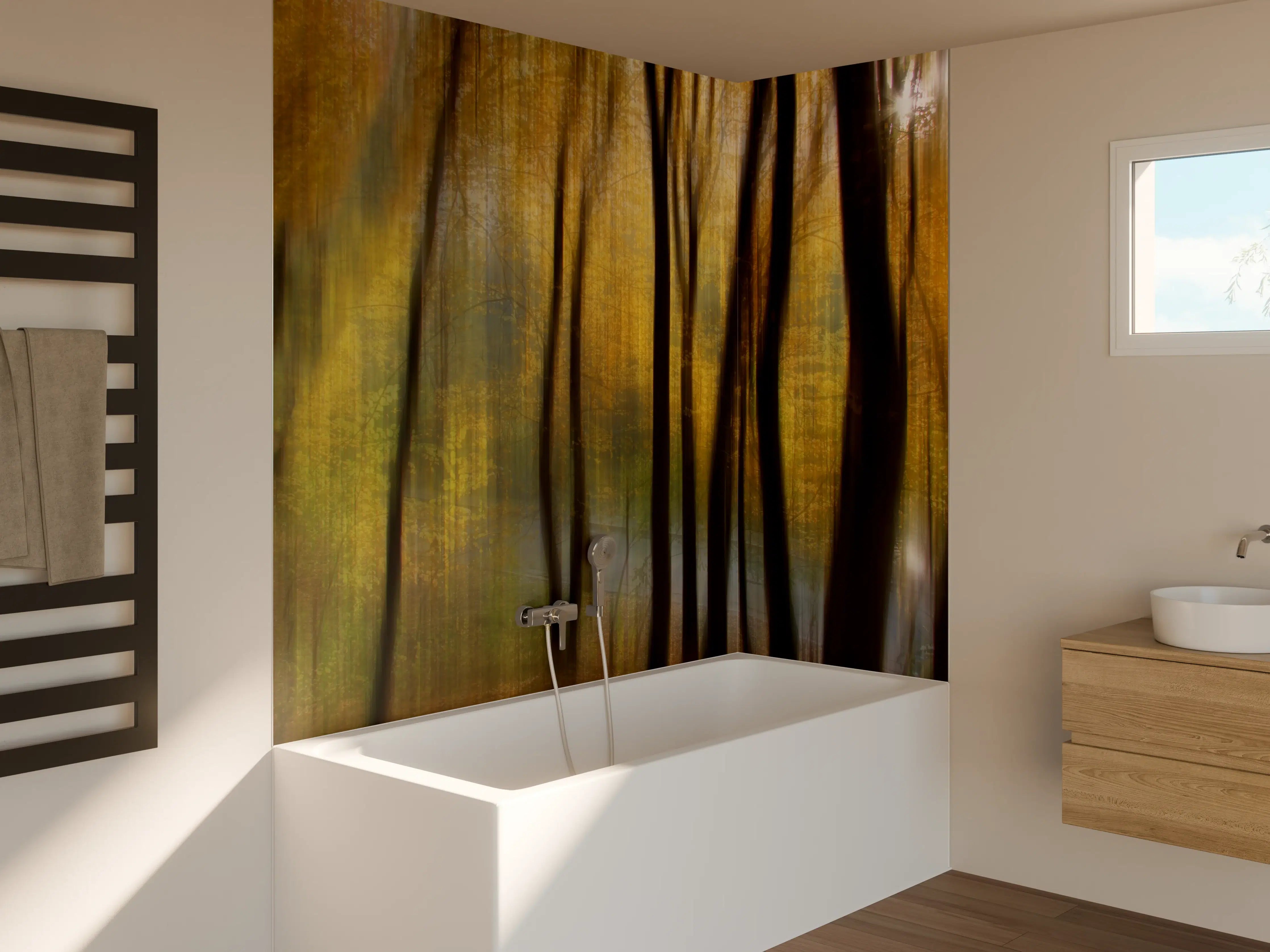 Badewannen-Rückwand - Wald im Herbst mit goldenen Blättern