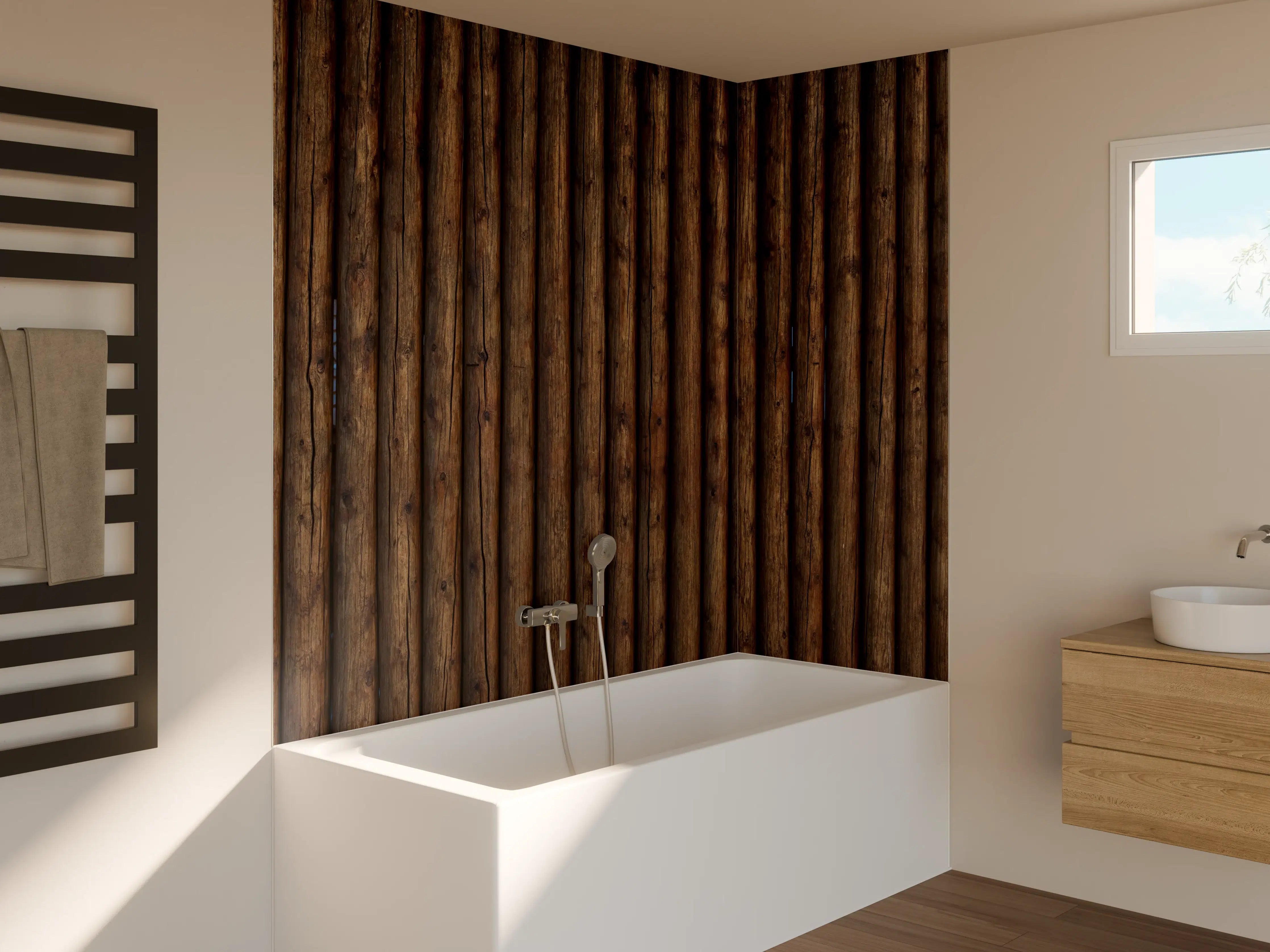 Badewannen-Rückwand - Wandpaneel aus dunklem Holz mit senkrechten Linien