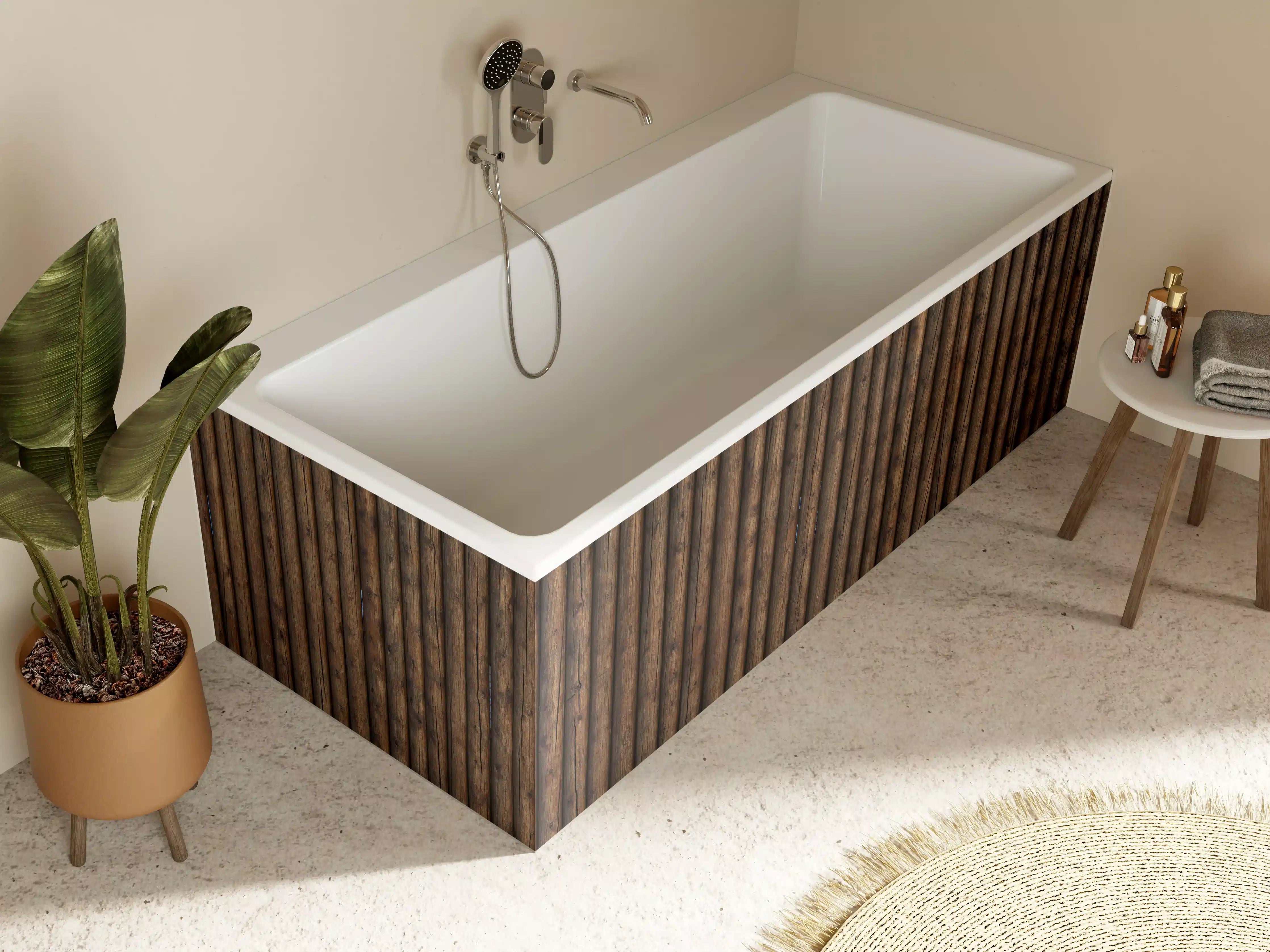 Badewannen-Rückwand - Wandpaneel aus dunklem Holz mit senkrechten Linien