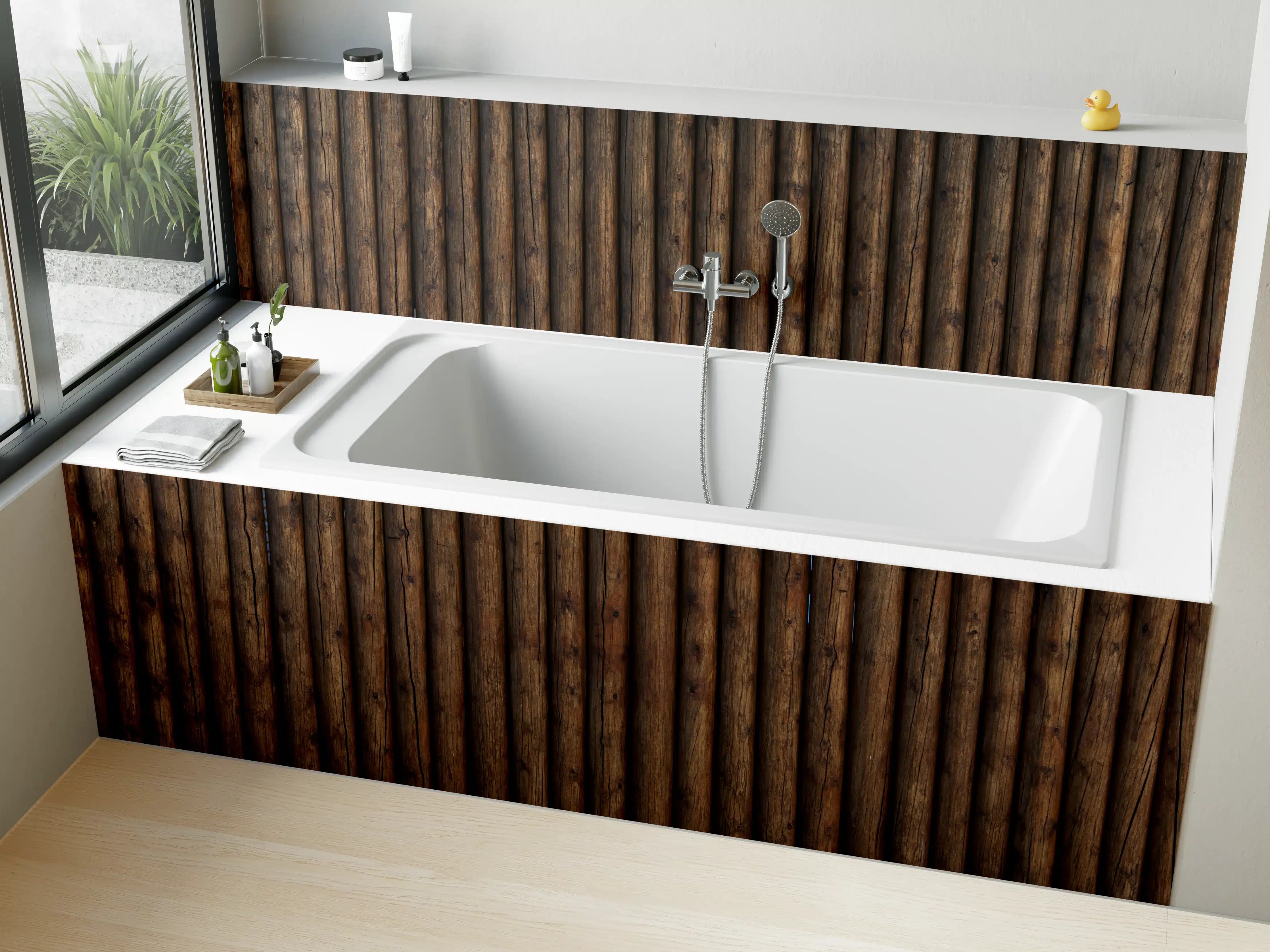Badewannen-Rückwand - Wandpaneel aus dunklem Holz mit senkrechten Linien