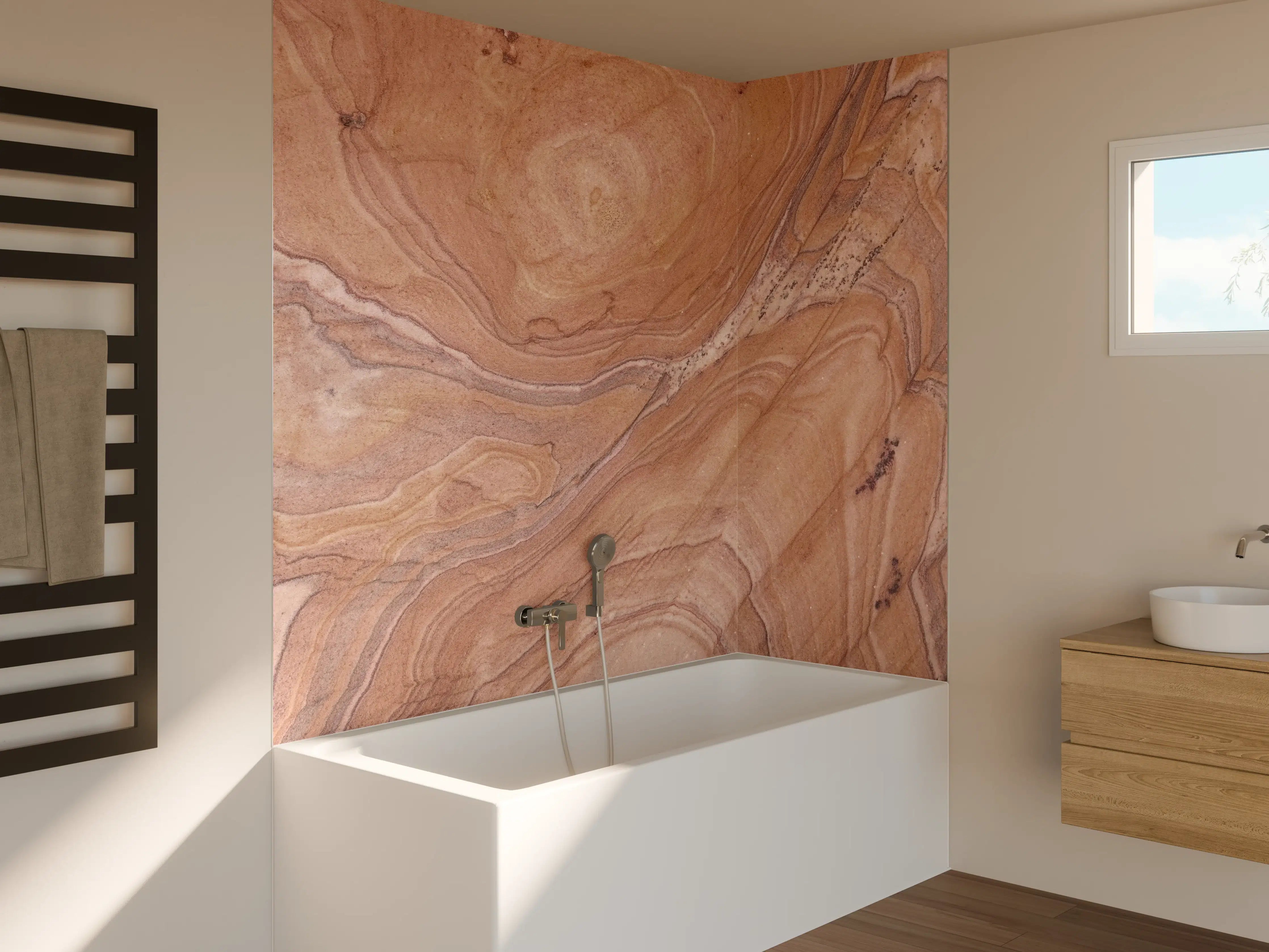 Badewannen-Rückwand - Warme Braun-Töne mit natürlicher Marmor-Textur
