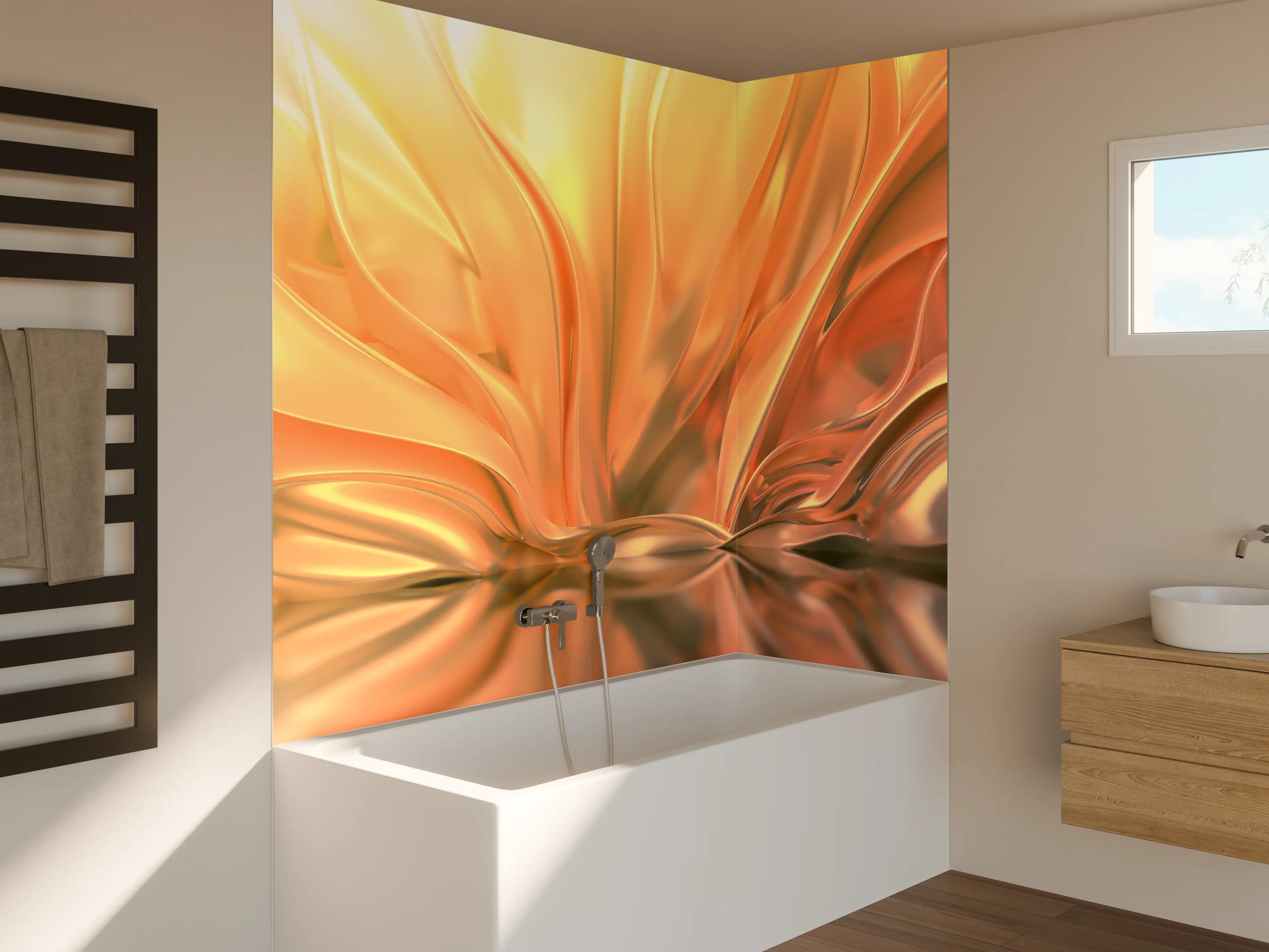 Badewannen-Rückwand - Warme Gold- und Orangetöne, fließende Textur