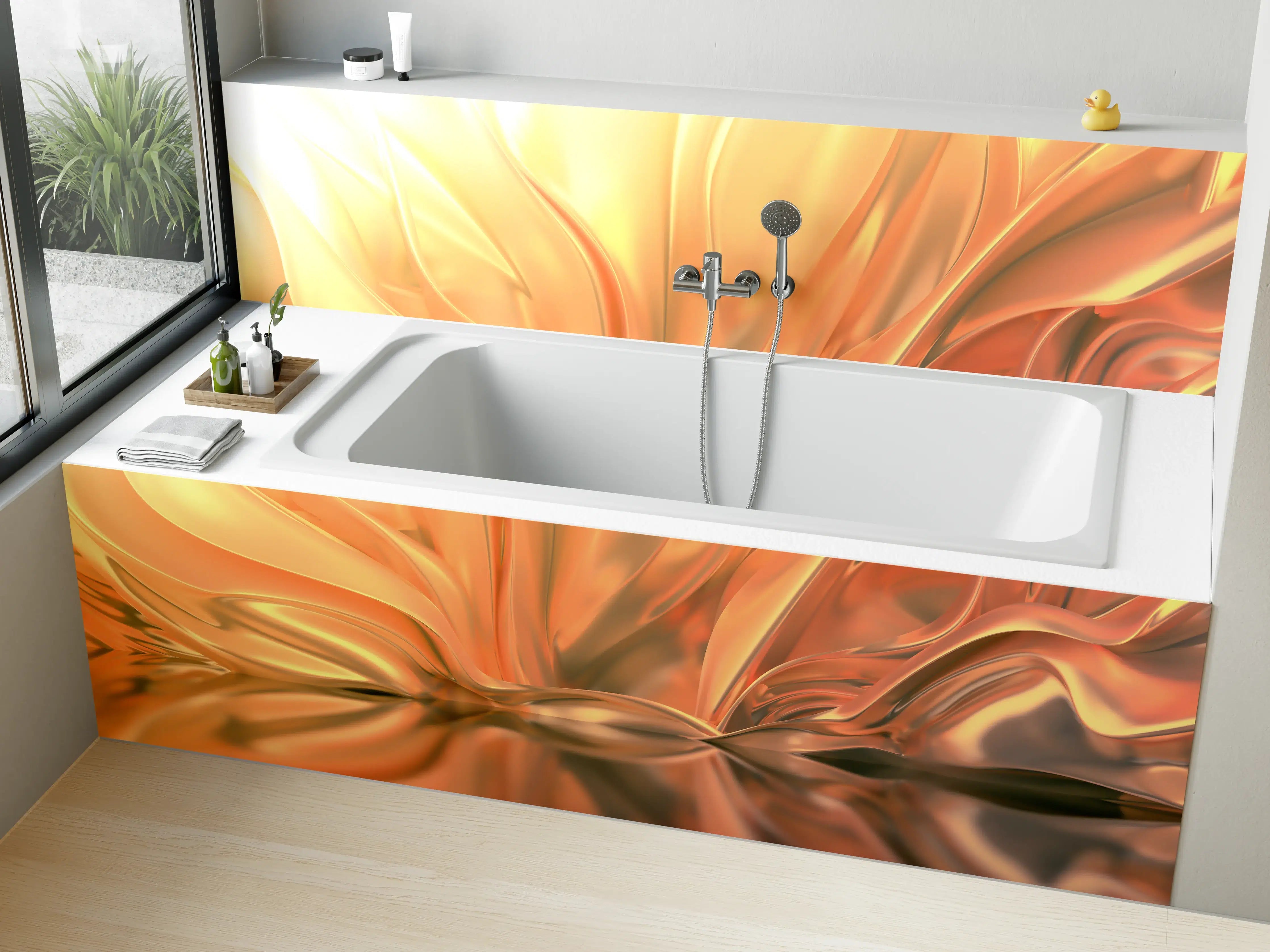 Badewannen-Rückwand - Warme Gold- und Orangetöne, fließende Textur