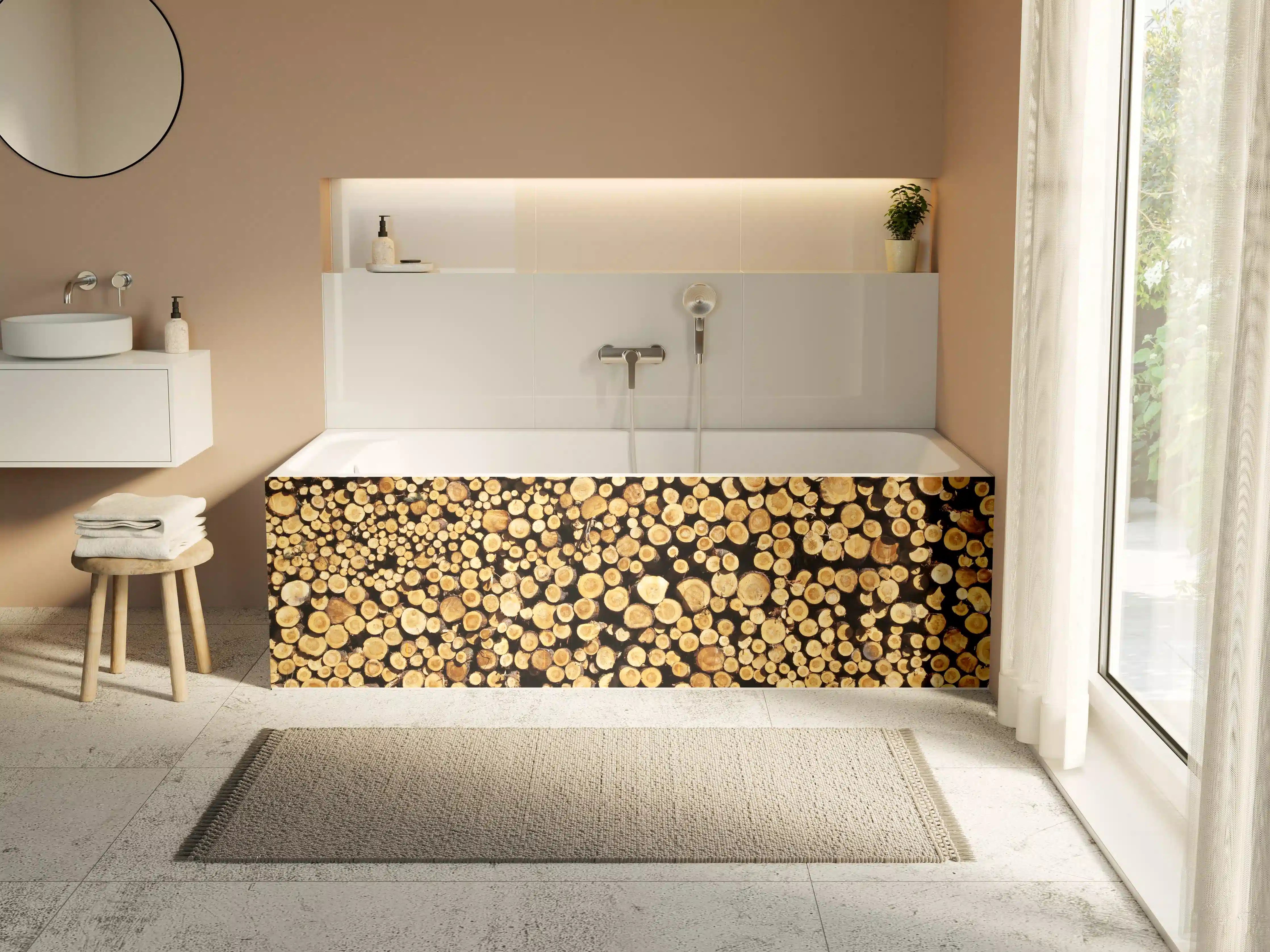 Badewannen-Rückwand - Warme Grautöne im Holz