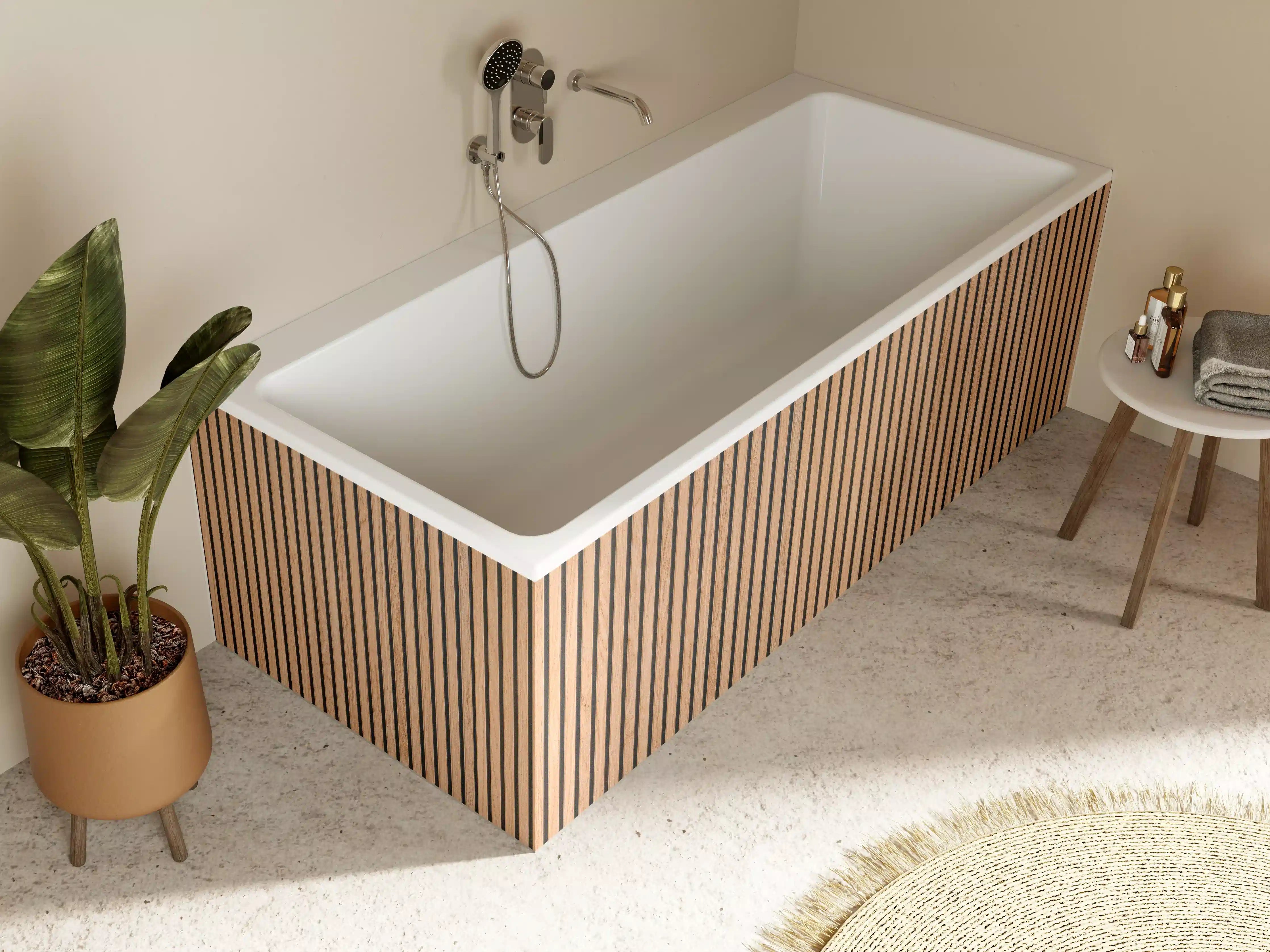 Badewannen-Rückwand - Warme Holzlamellen