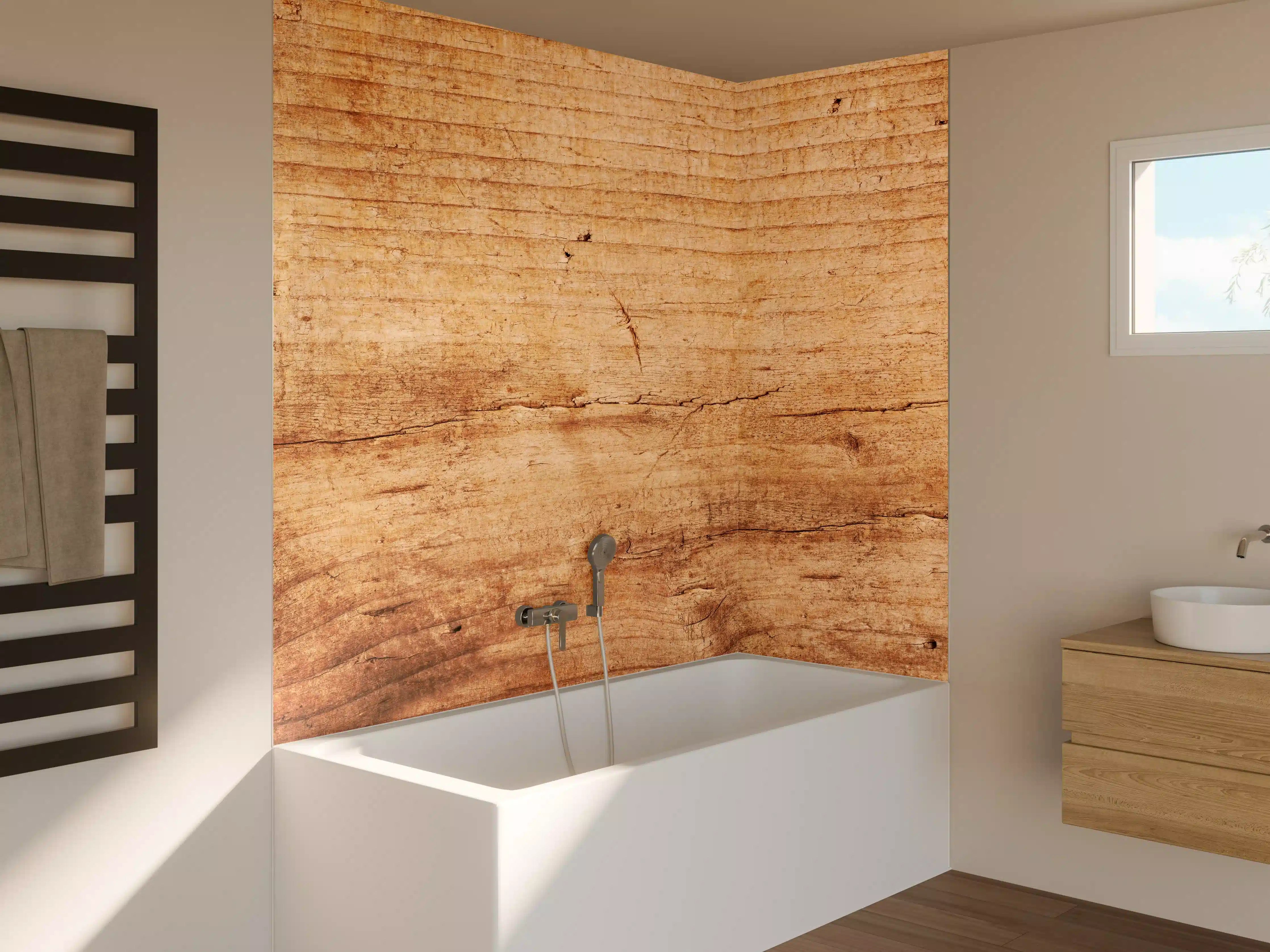 Badewannen-Rückwand - Warme Holznachbildung mit natürlicher Maserung