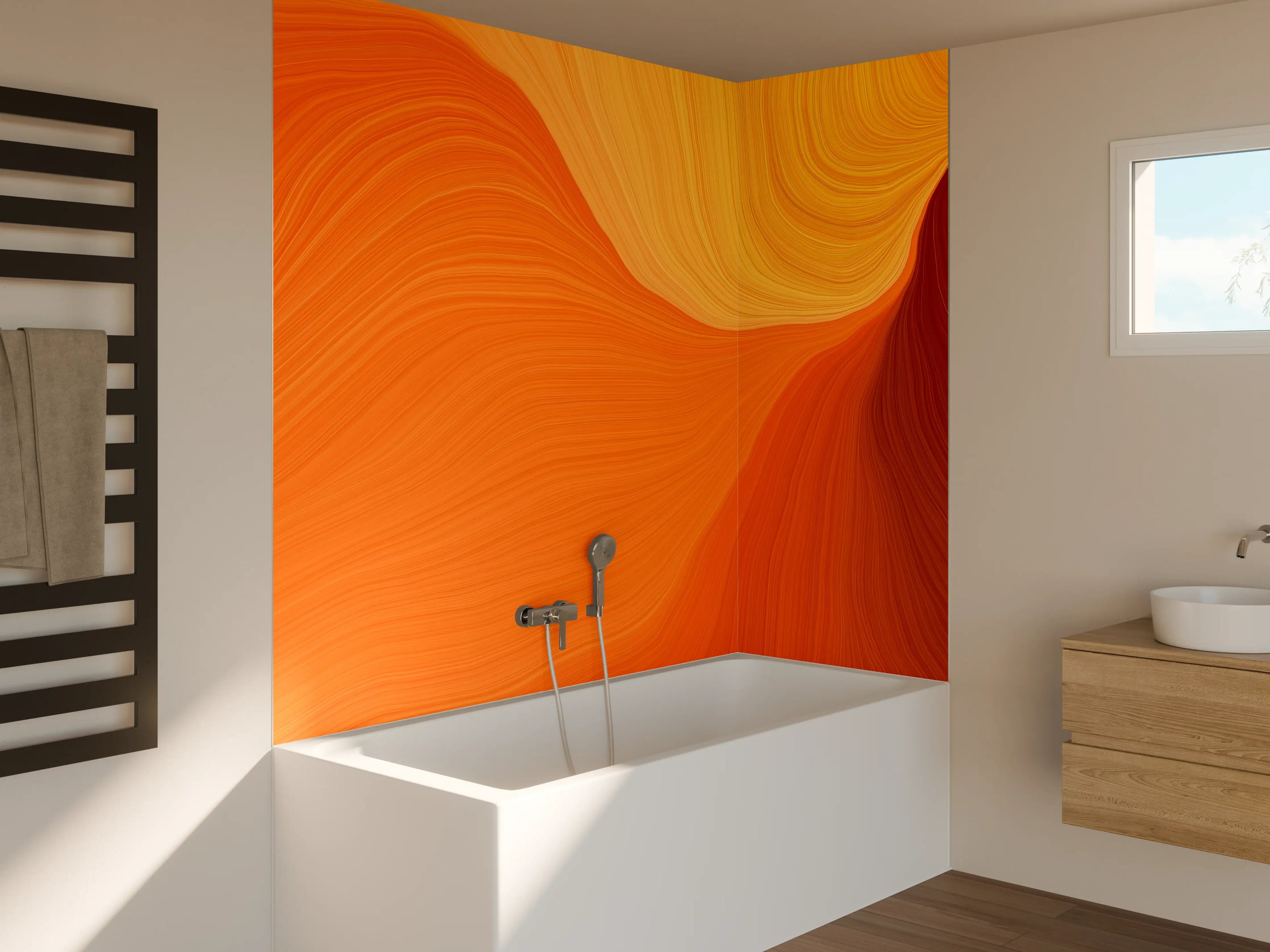 Badewannen-Rückwand - Warme, fließende Farbverläufe in Orange und Braun