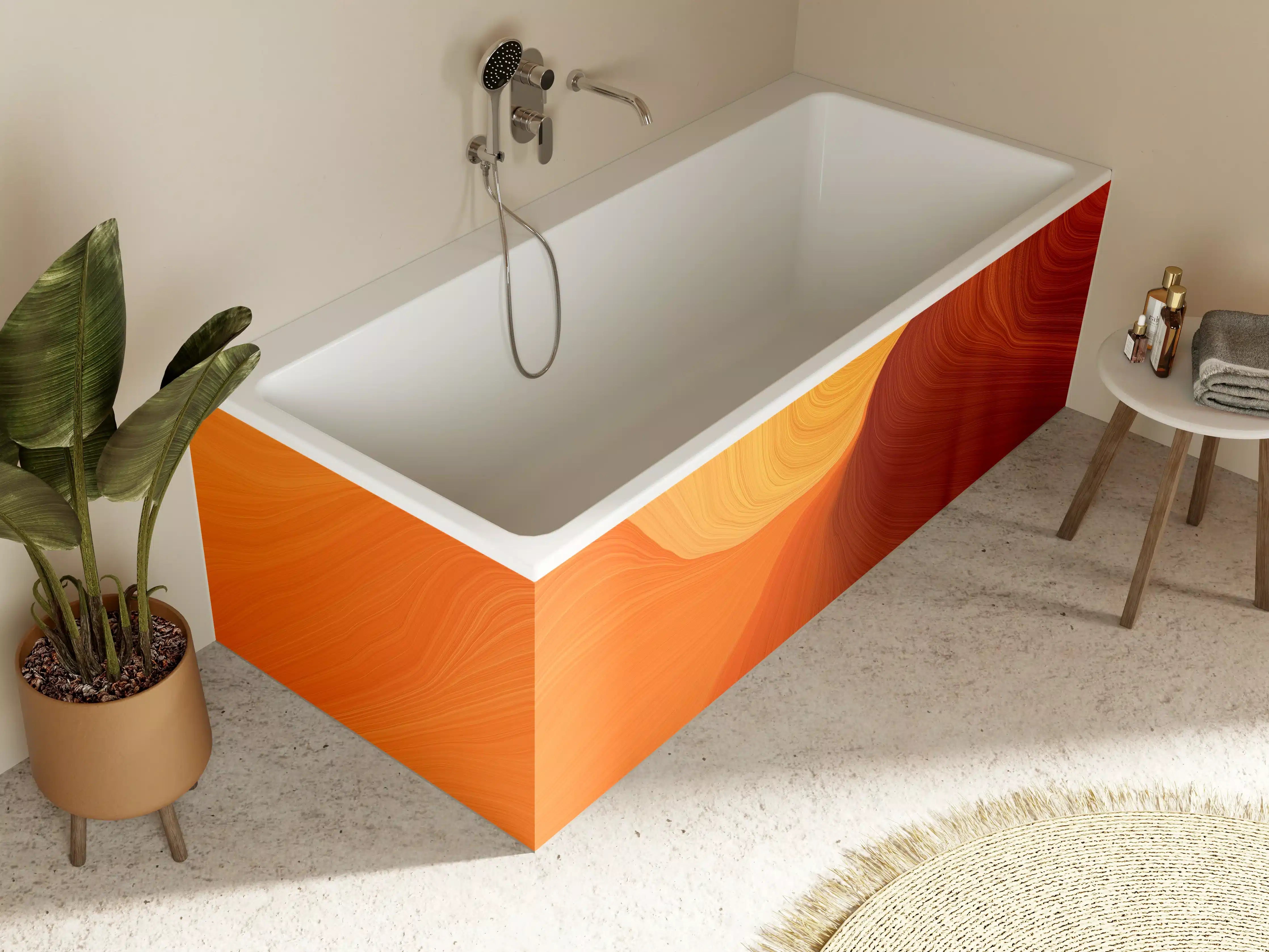 Badewannen-Rückwand - Warme, fließende Farbverläufe in Orange und Braun
