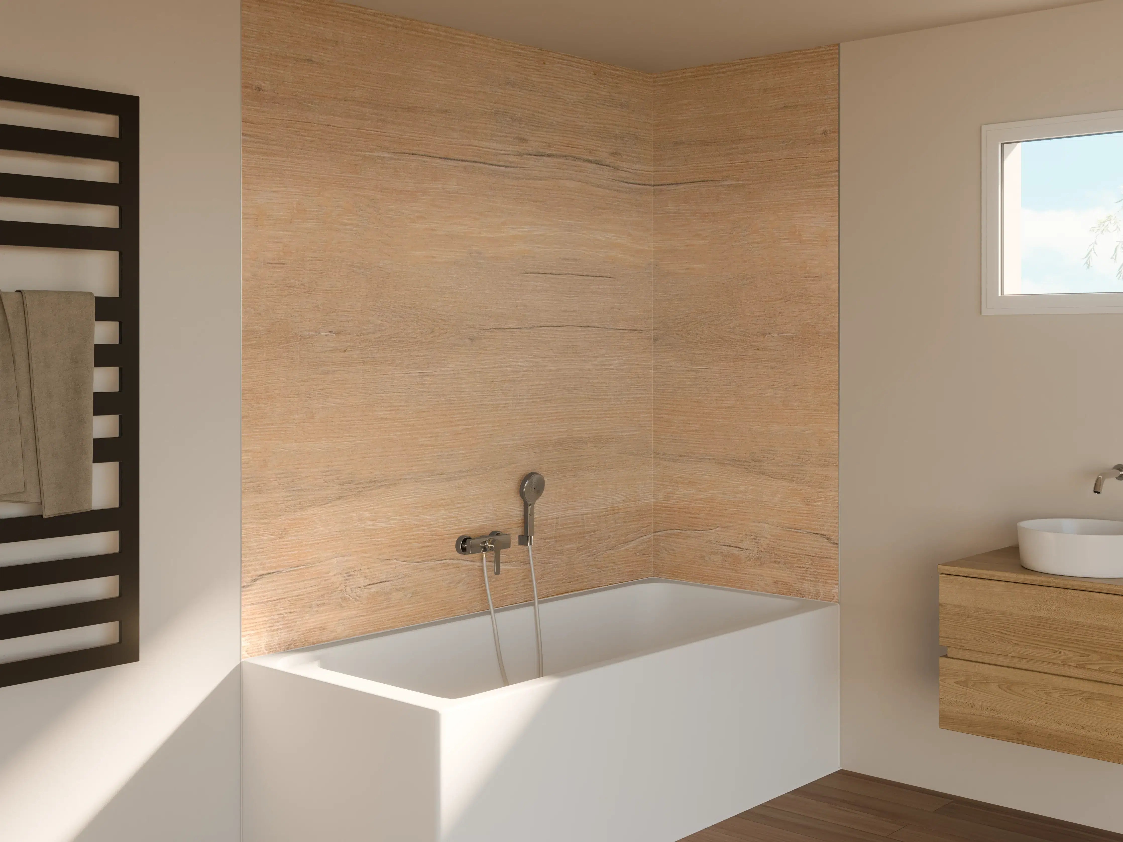 Badewannen-Rückwand - Warmer Holzhintergrund in Naturtönen