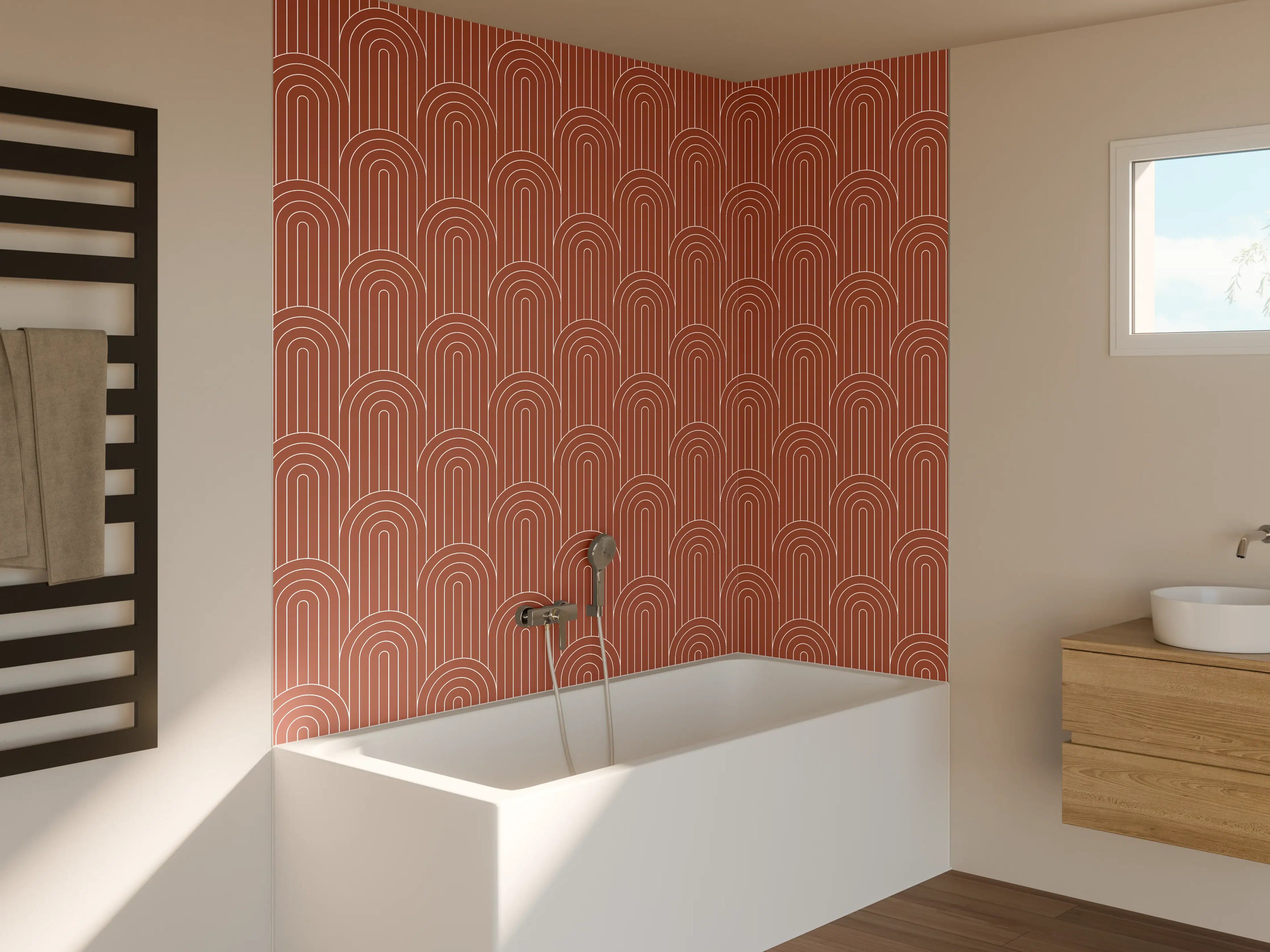 Badewannen-Rückwand - Warmer Terrakottaton mit geometrischem Muster