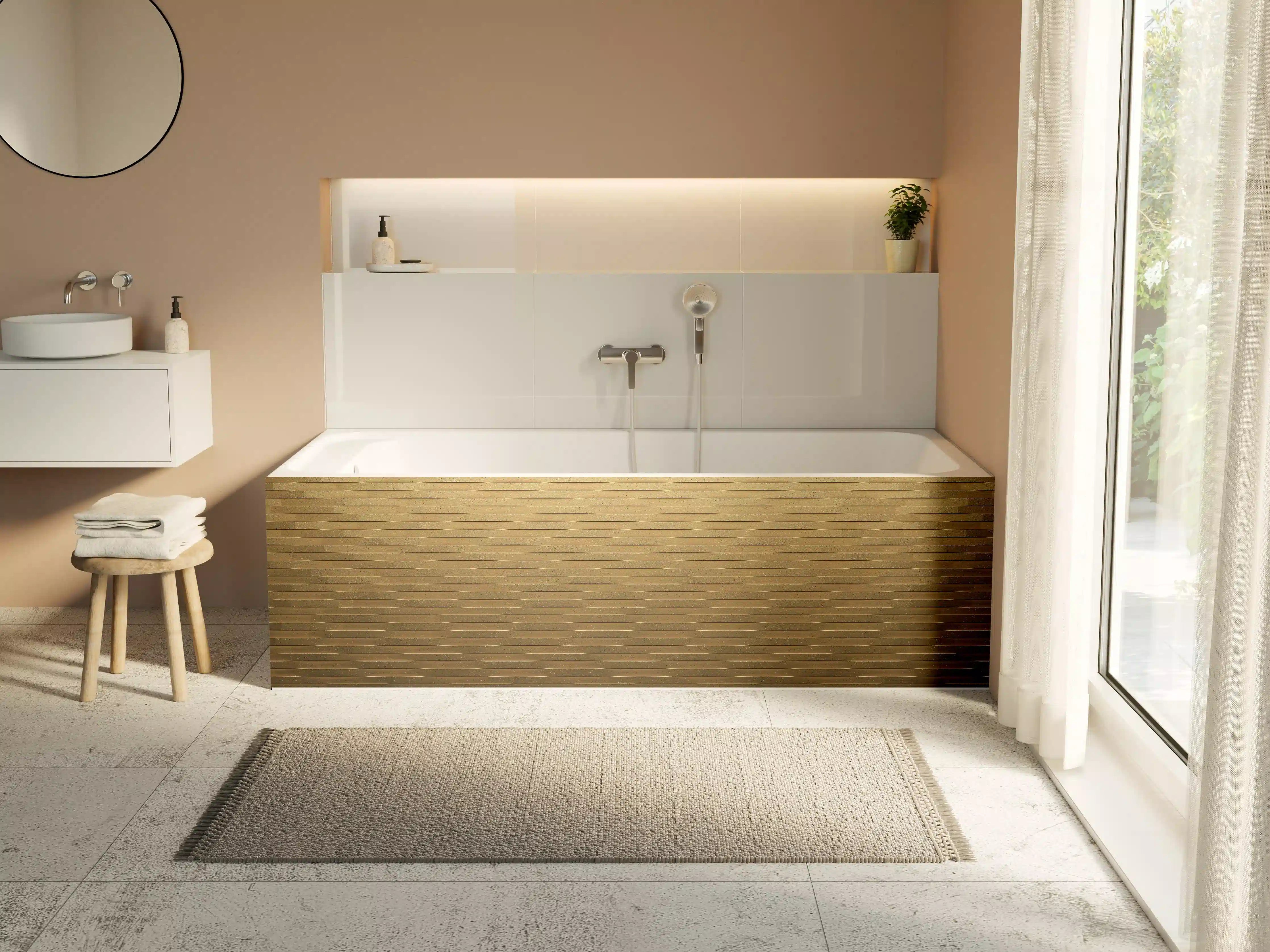 Badewannen-Rückwand - Warmes Holzdesign mit Textur und Struktur