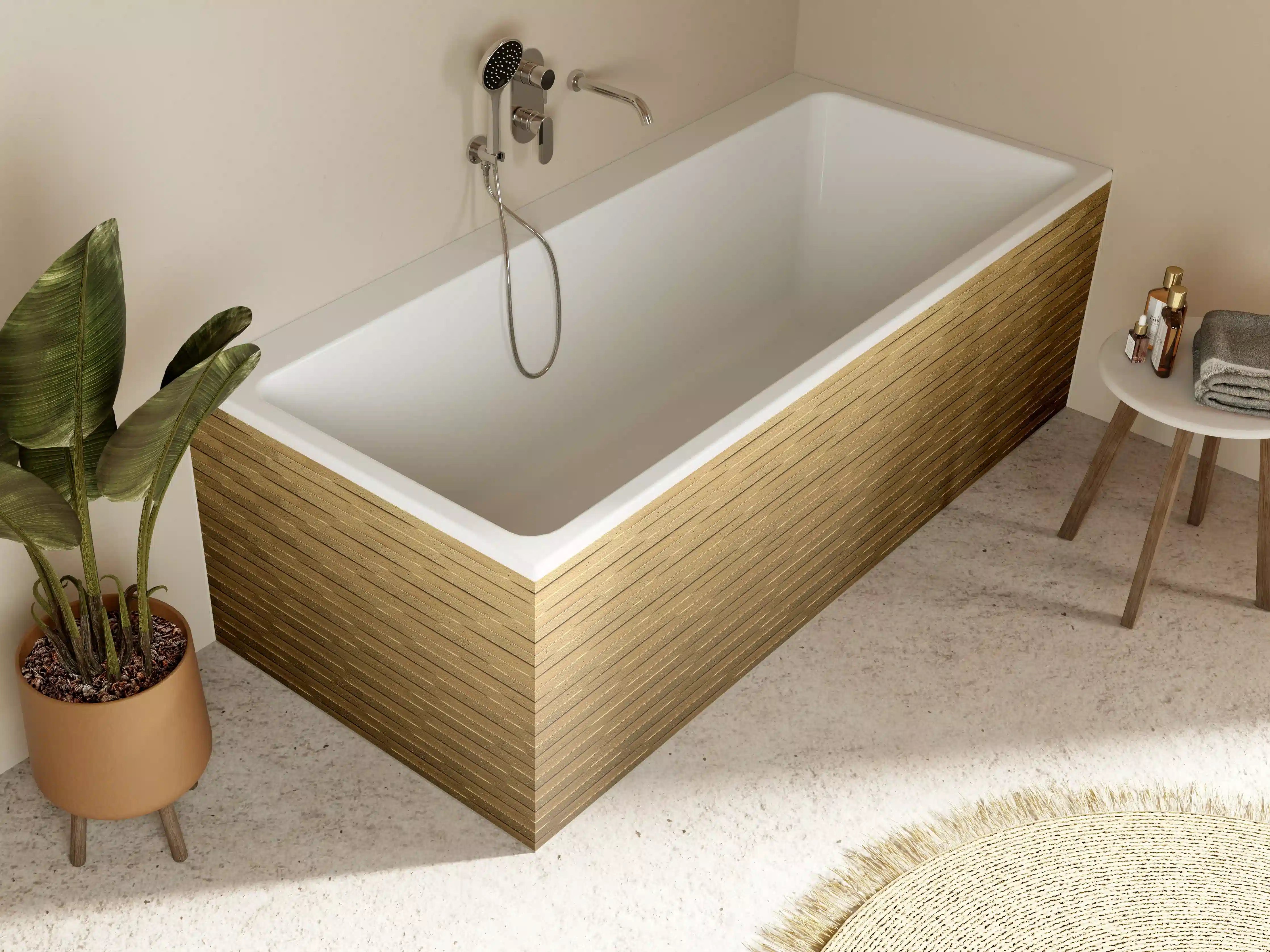 Badewannen-Rückwand - Warmes Holzdesign mit Textur und Struktur