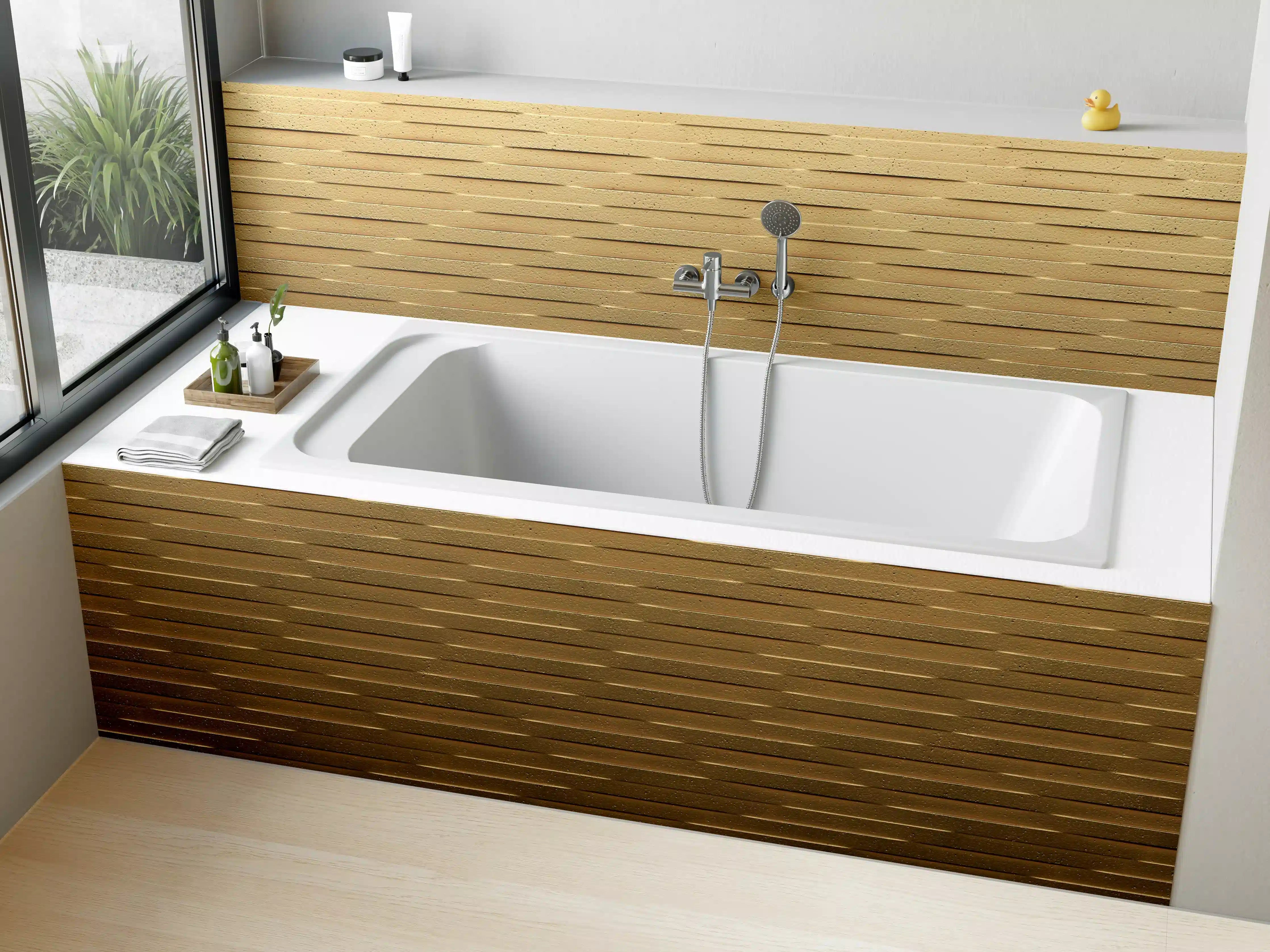 Badewannen-Rückwand - Warmes Holzdesign mit Textur und Struktur