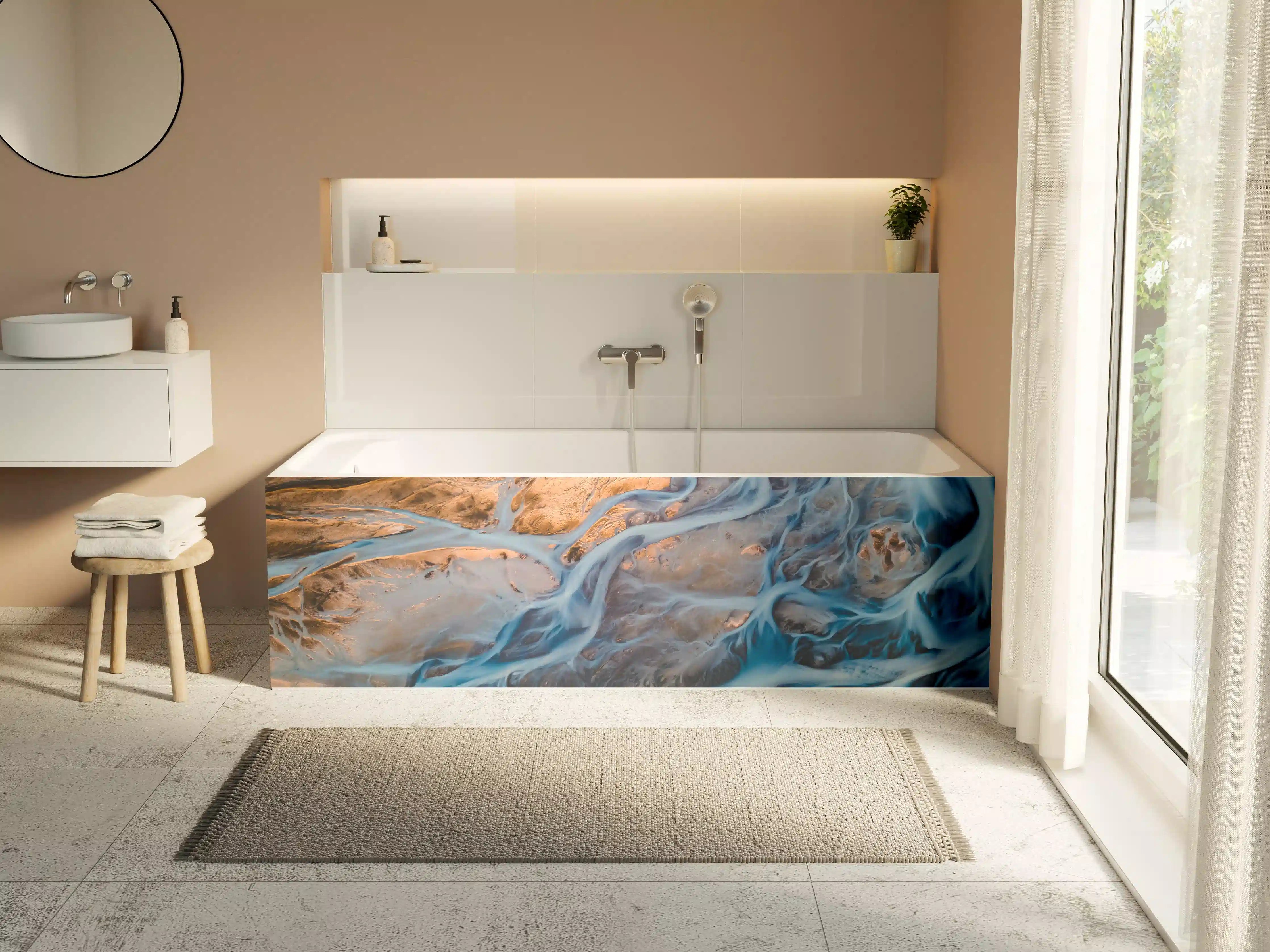 Badewannen-Rückwand - Wasser & Felsen in Blau-Tönen