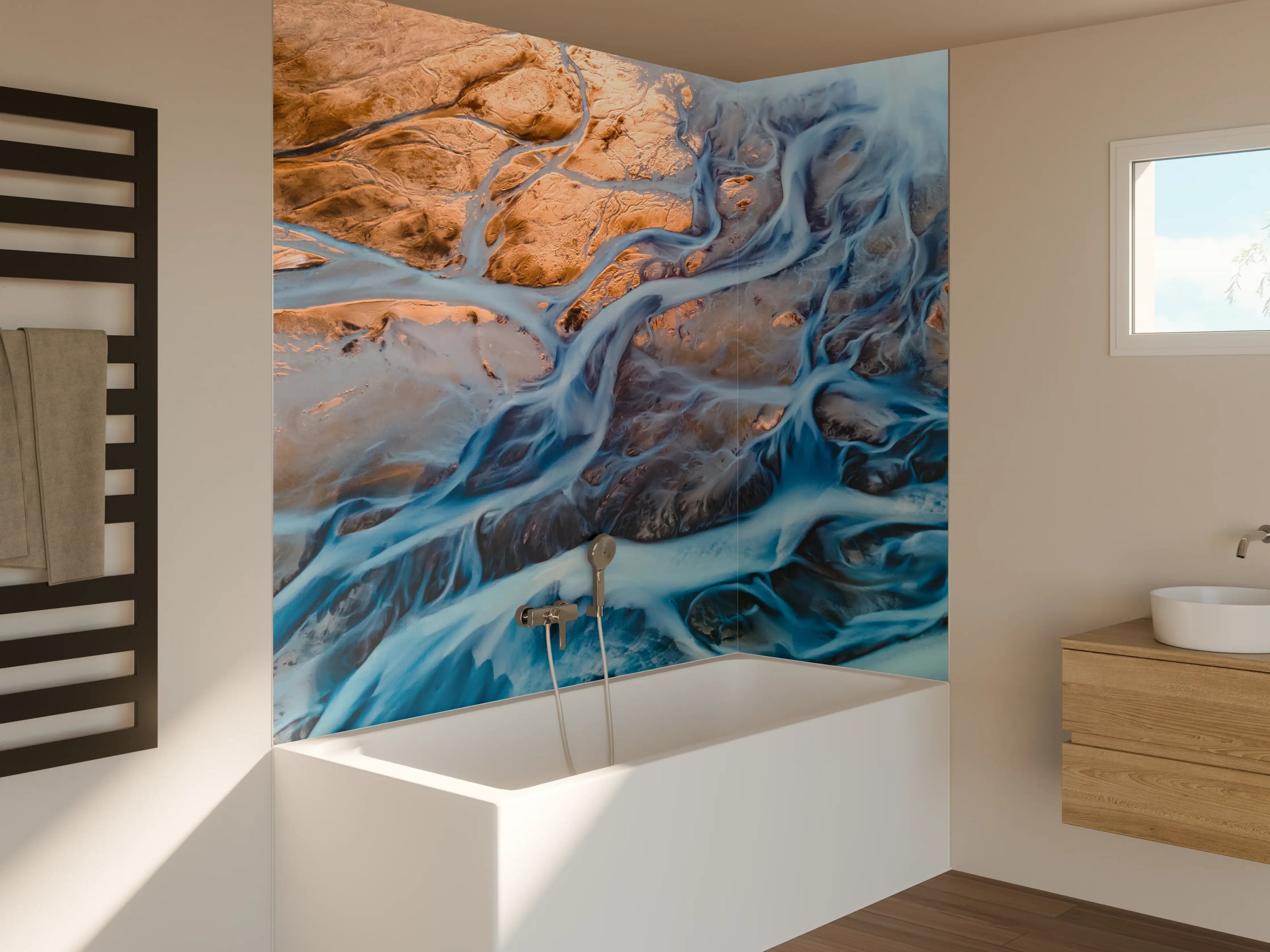 Badewannen-Rückwand - Wasser & Felsen in Blau-Tönen