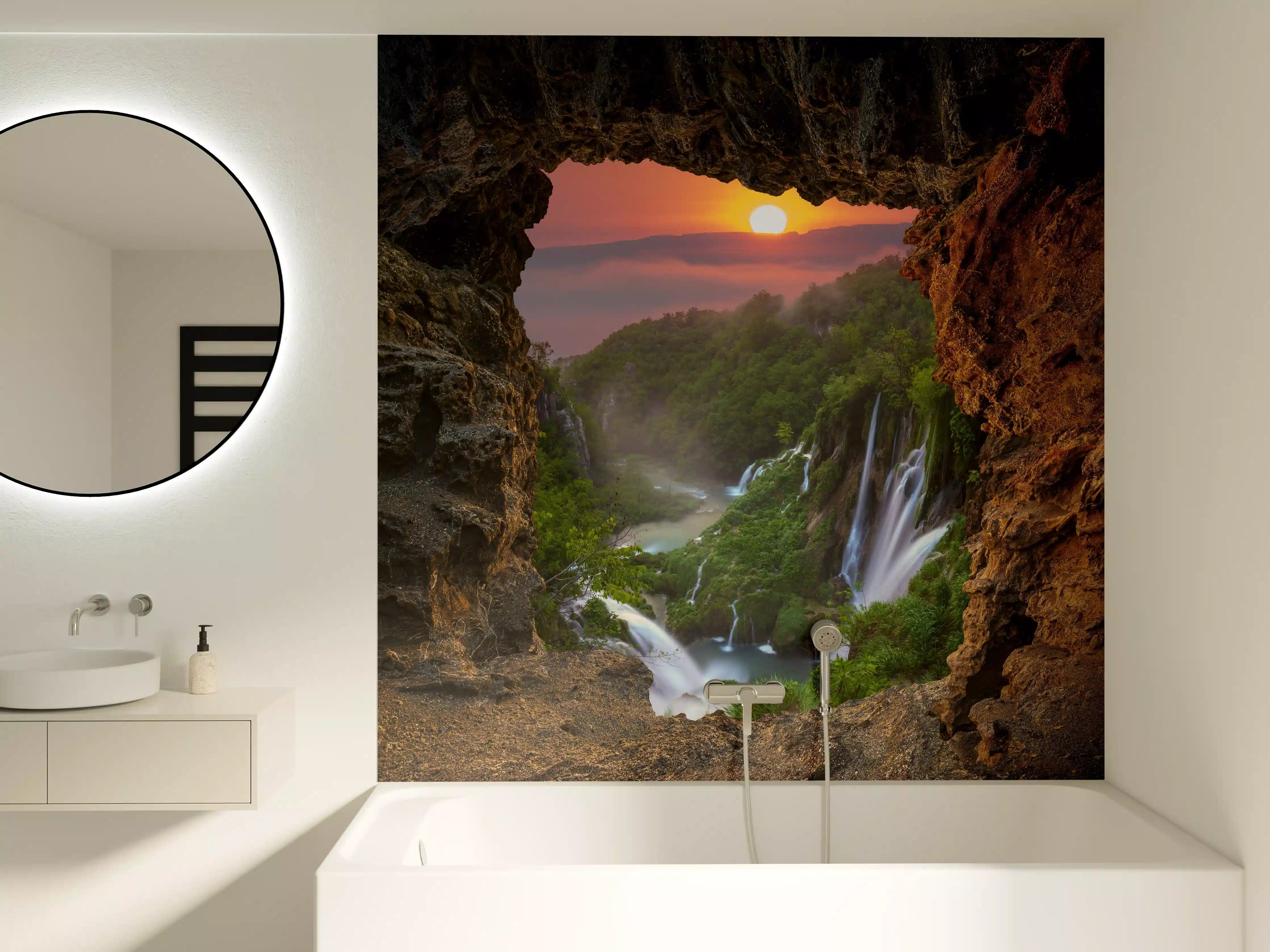 Badewannen-Rückwand - Wasserfall im Nationalpark Plitvicer Seen bei Sonnenuntergang