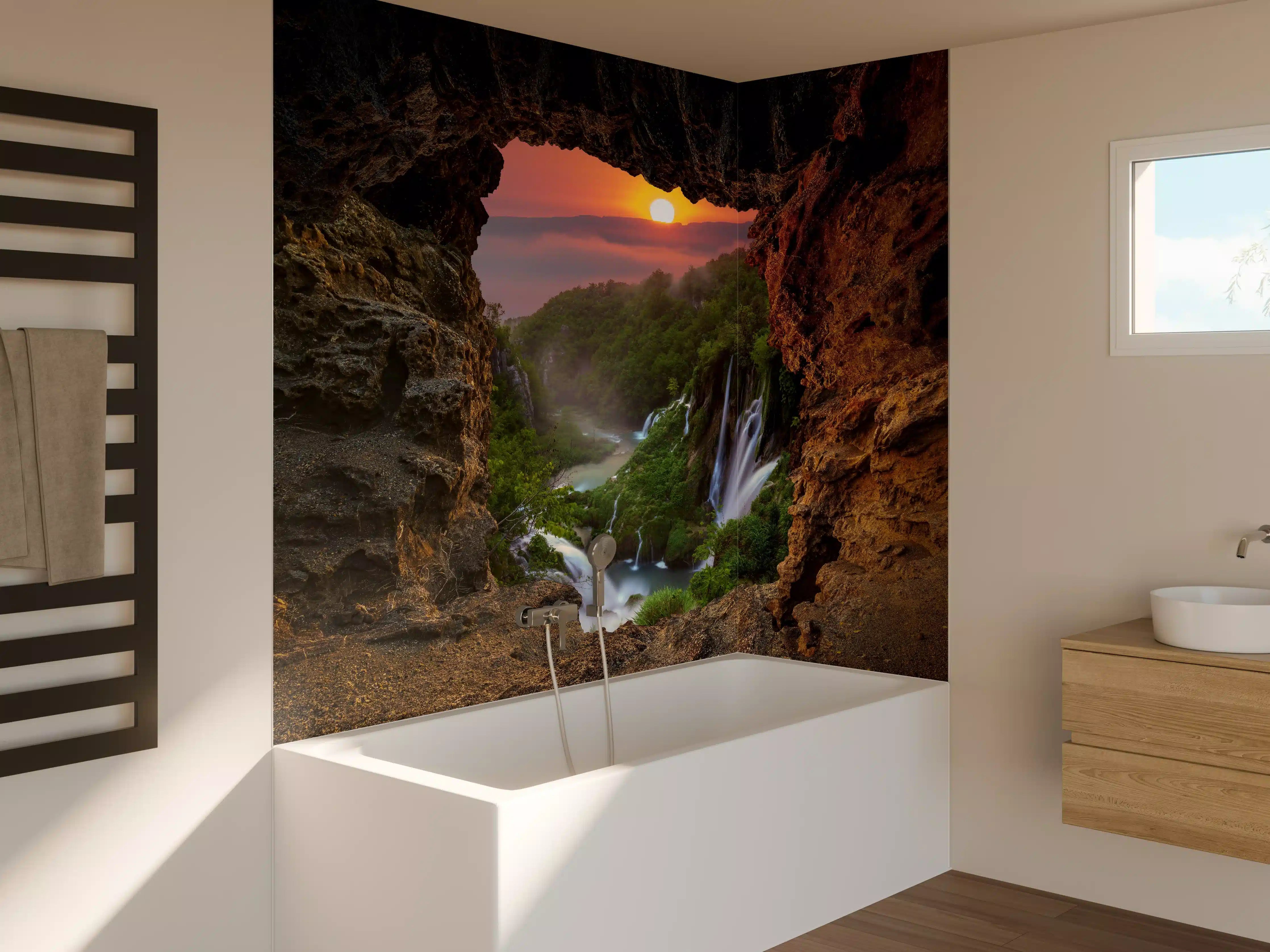 Badewannen-Rückwand - Wasserfall im Nationalpark Plitvicer Seen bei Sonnenuntergang