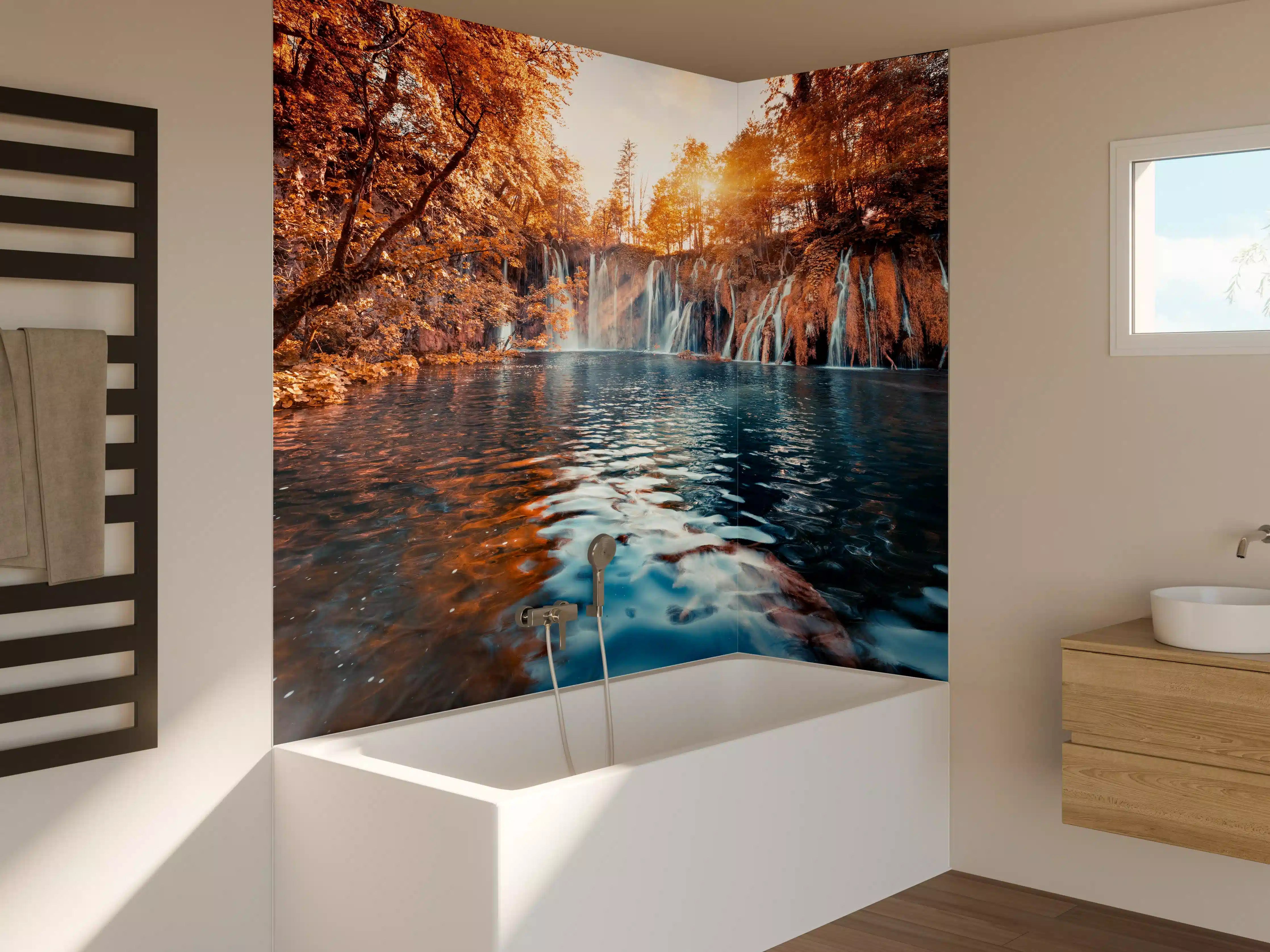 Badewannen-Rückwand - Wasserfall in Plitvice Nation bei Sonnenaufgang