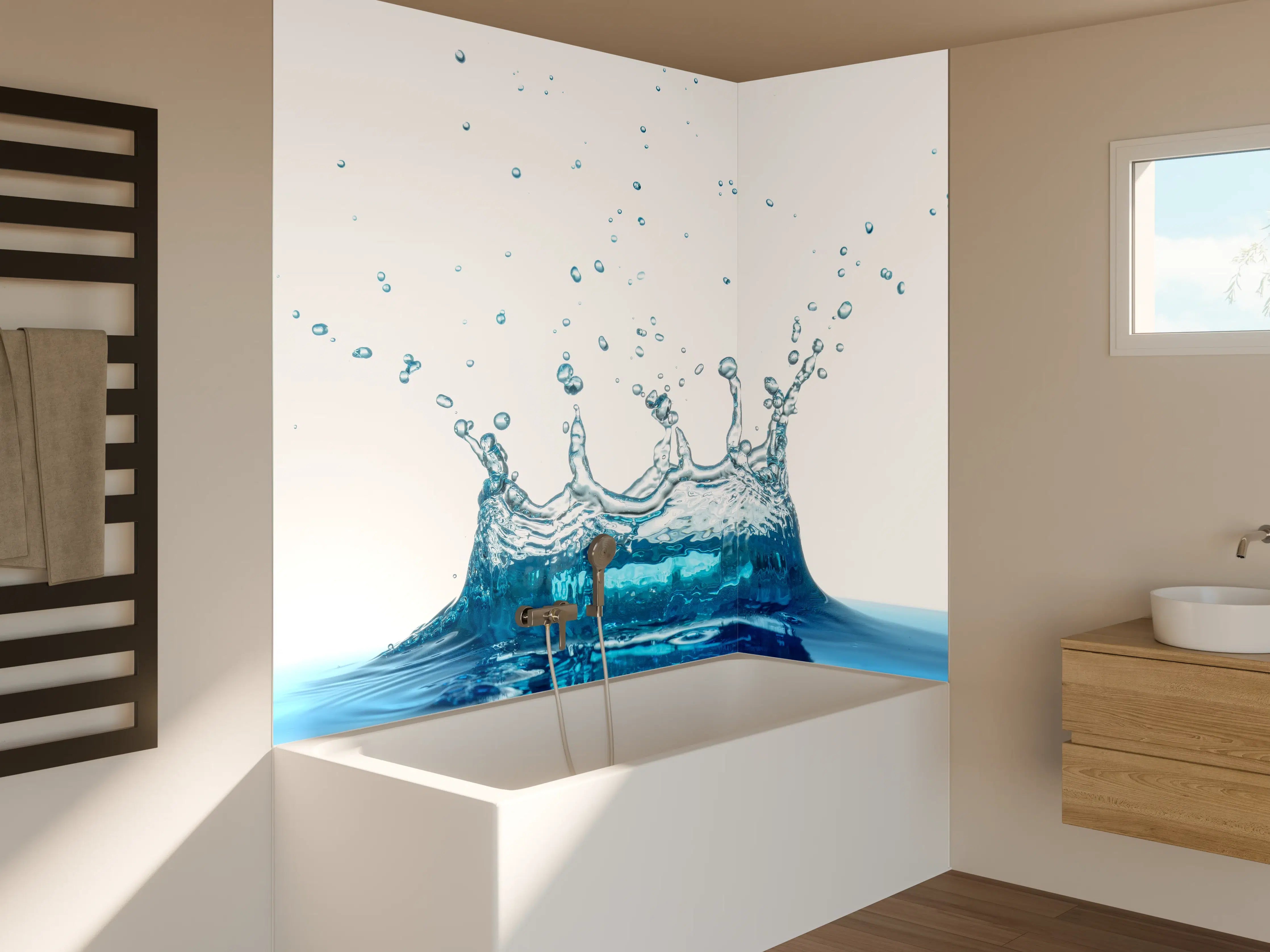 Badewannen-Rückwand - Wassersplash in Blau und Weiß