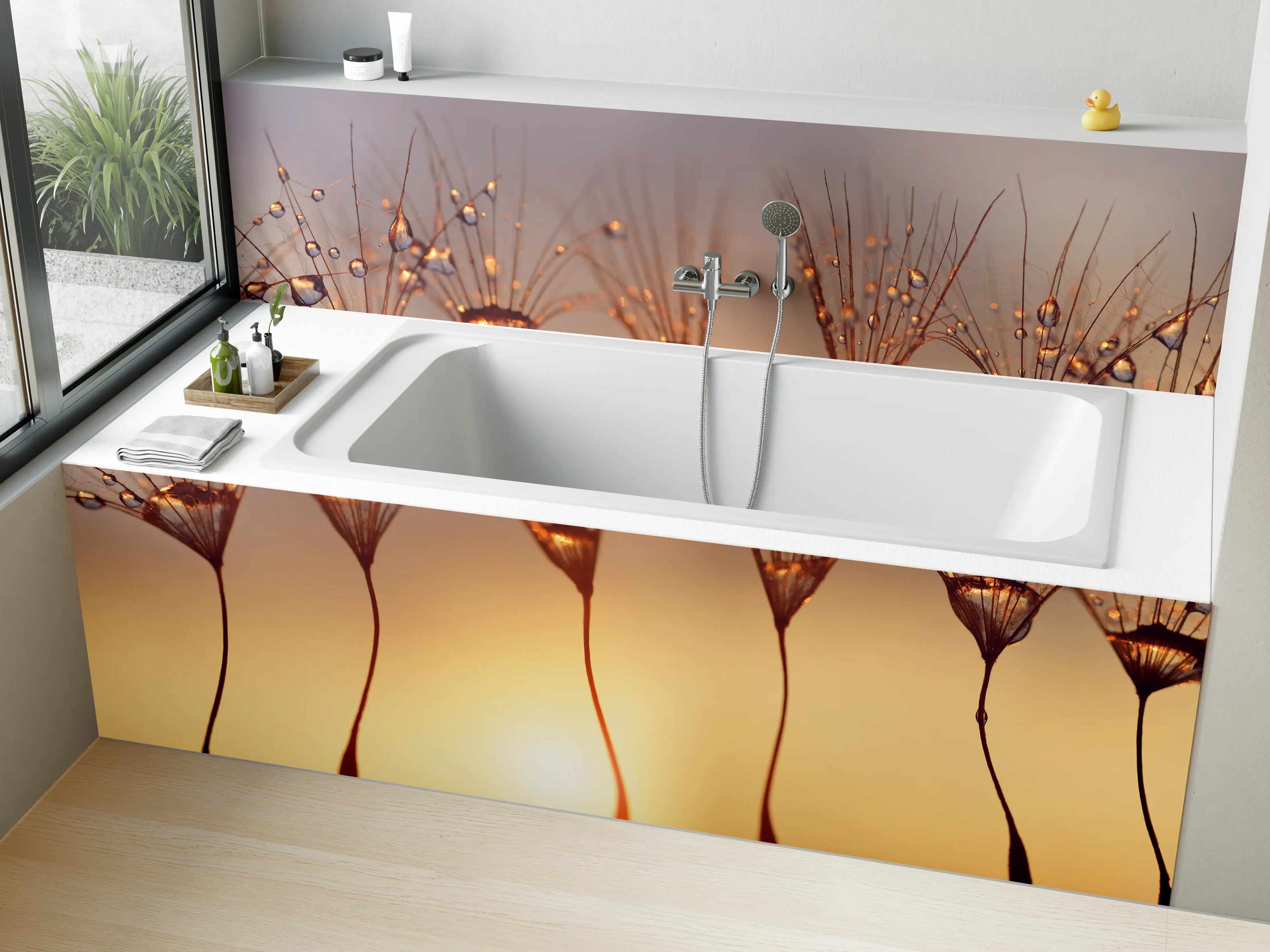 Badewannen-Rückwand - Wassertropfen auf Löwenzahnsamen