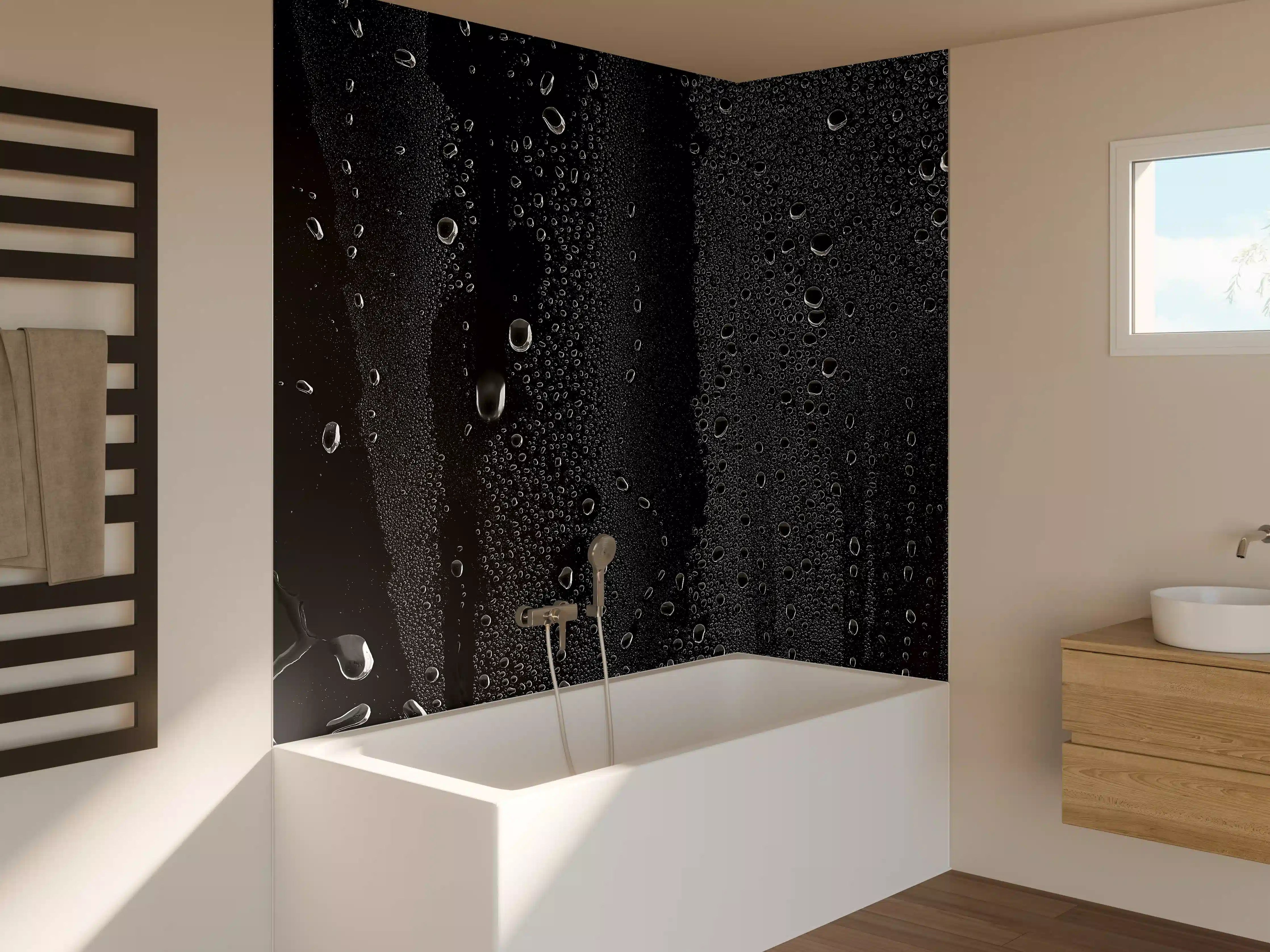 Badewannen-Rückwand - Wassertropfen auf schwarzem Glas