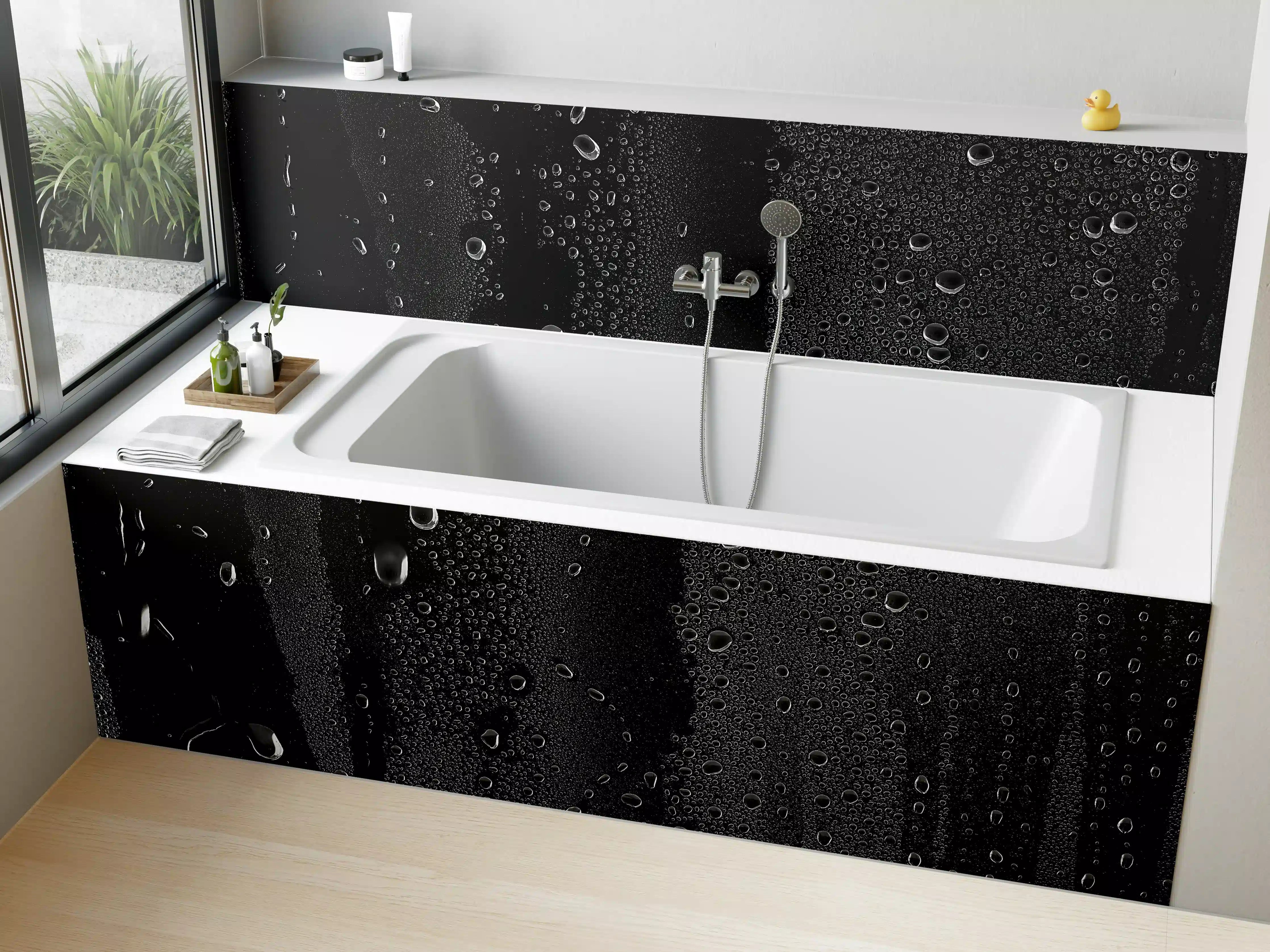 Badewannen-Rückwand - Wassertropfen auf schwarzem Glas