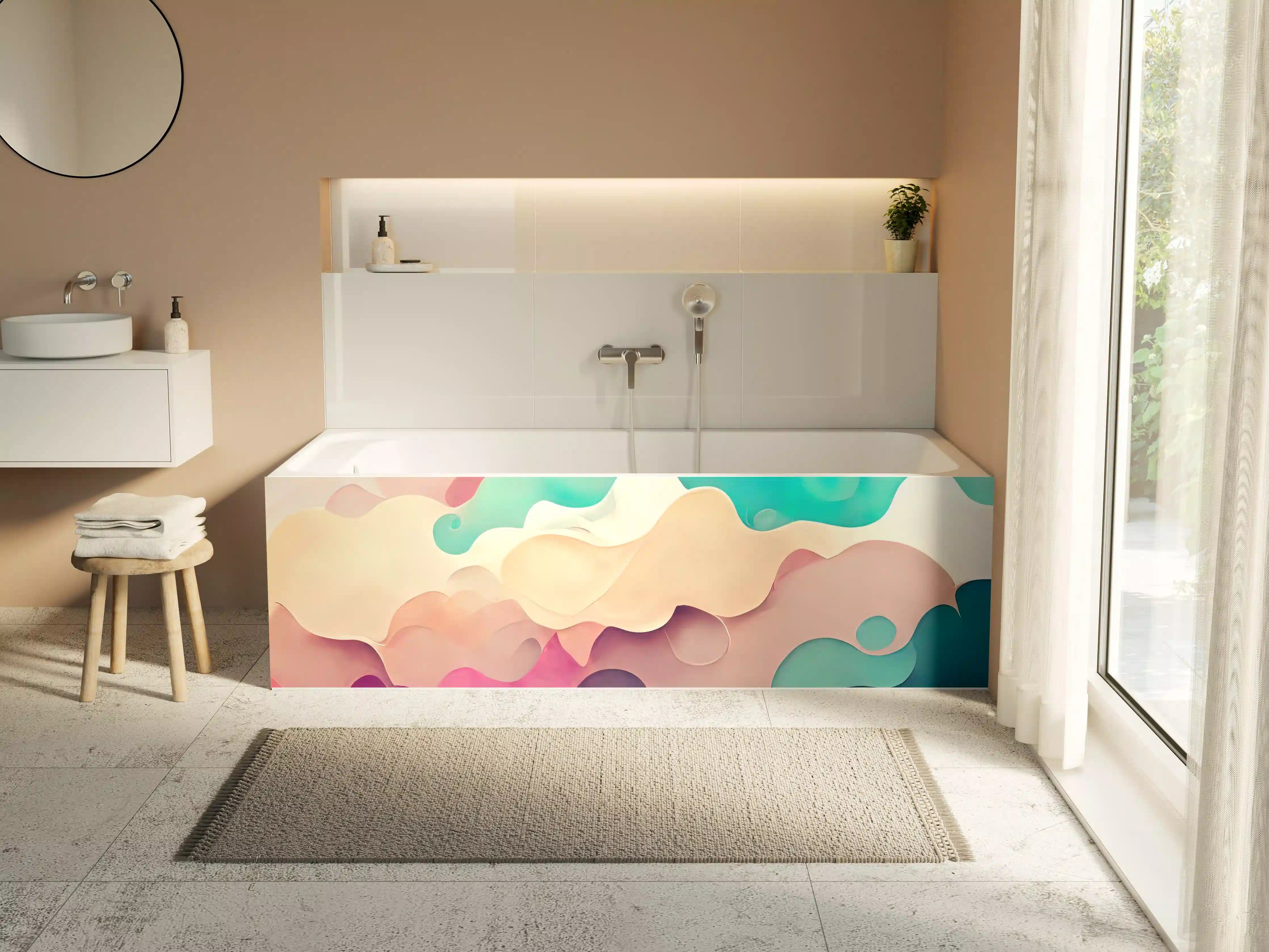 Badewannen-Rückwand - Weiche Pastellwolken in Blau, Rosa und Creme