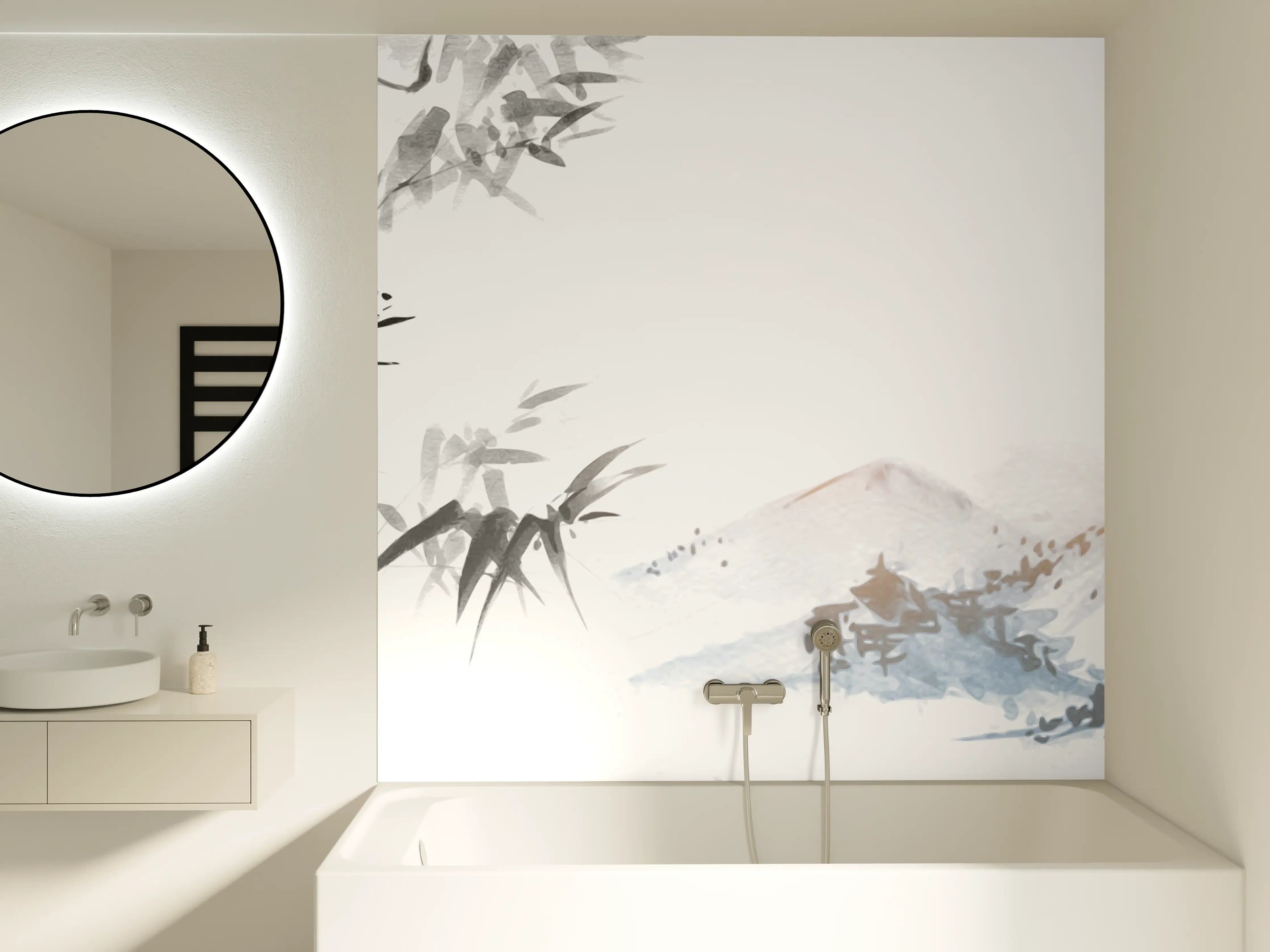 Badewannen-Rückwand - Weiß-Blau Bambus Bergmalerei