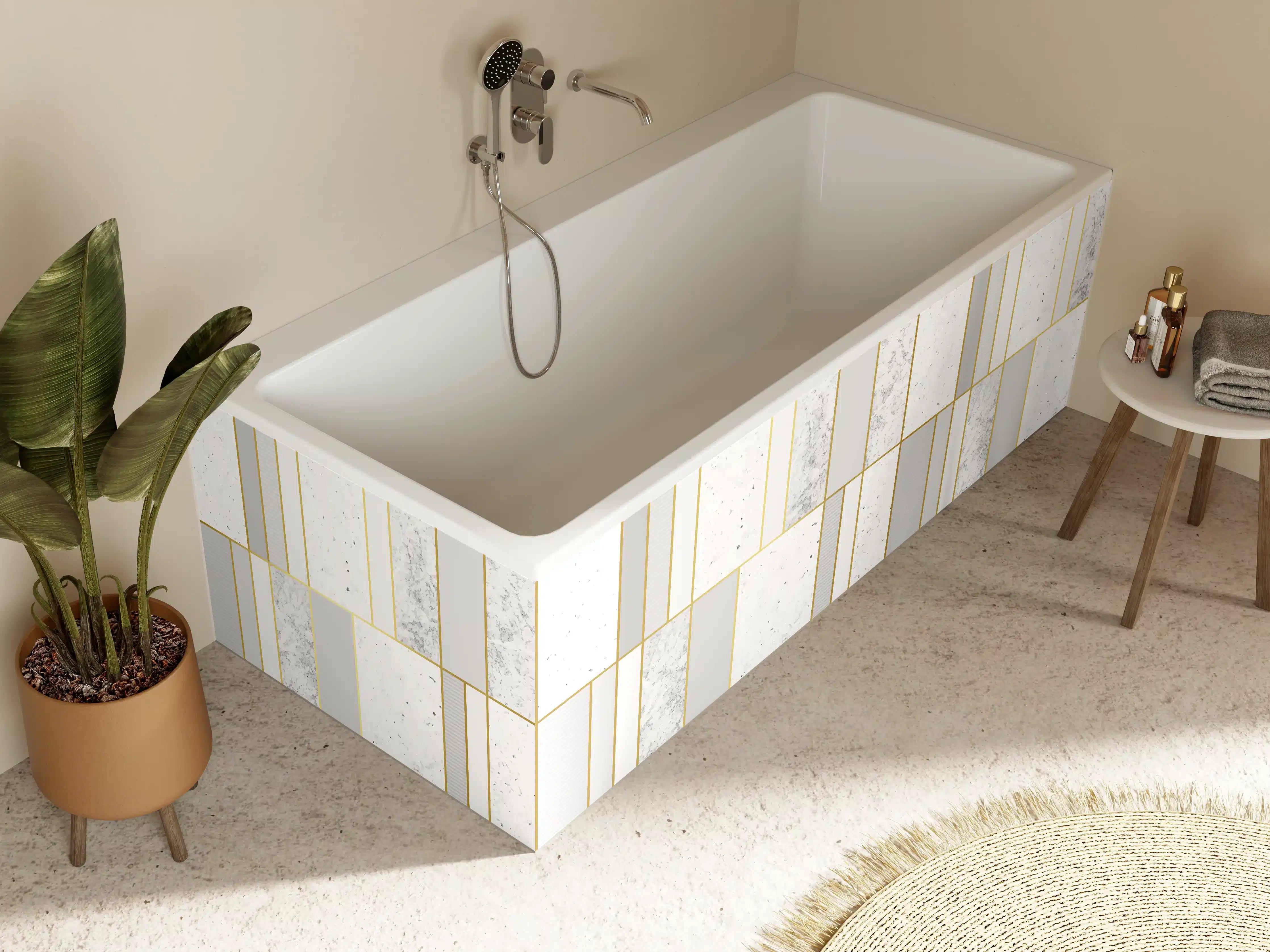 Badewannen-Rückwand - Weiß-Goldene Marmoroptik Fliese