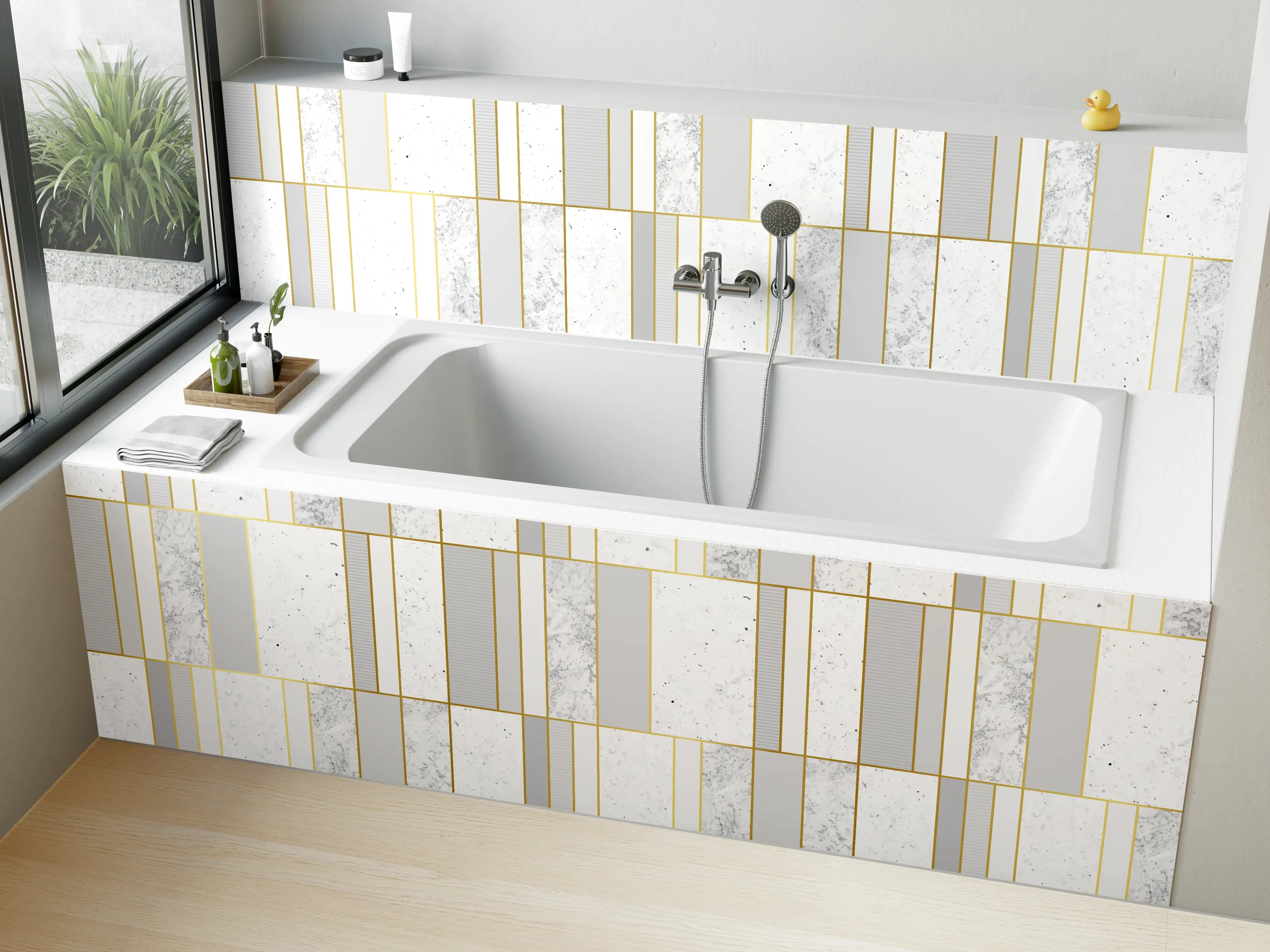 Badewannen-Rückwand - Weiß-Goldene Marmoroptik Fliese