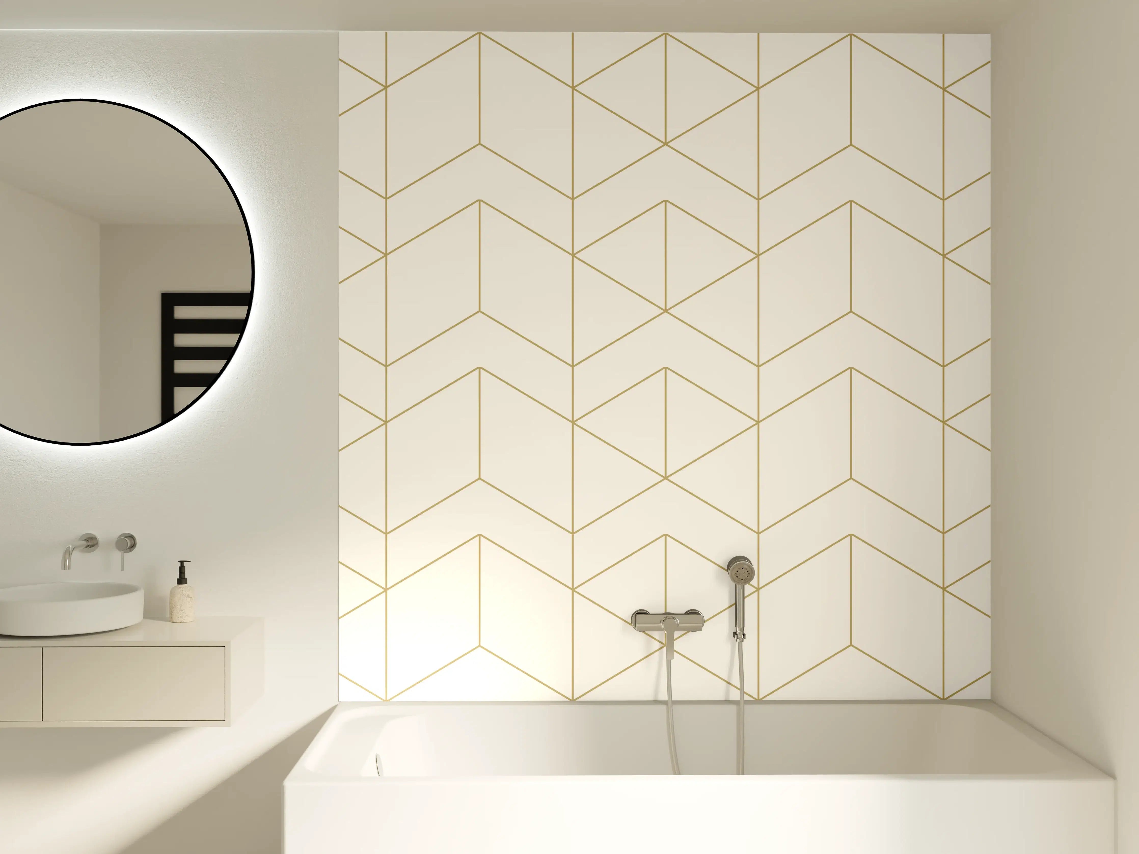 Badewannen-Rückwand - Weiß-Goldene Muster Tapete