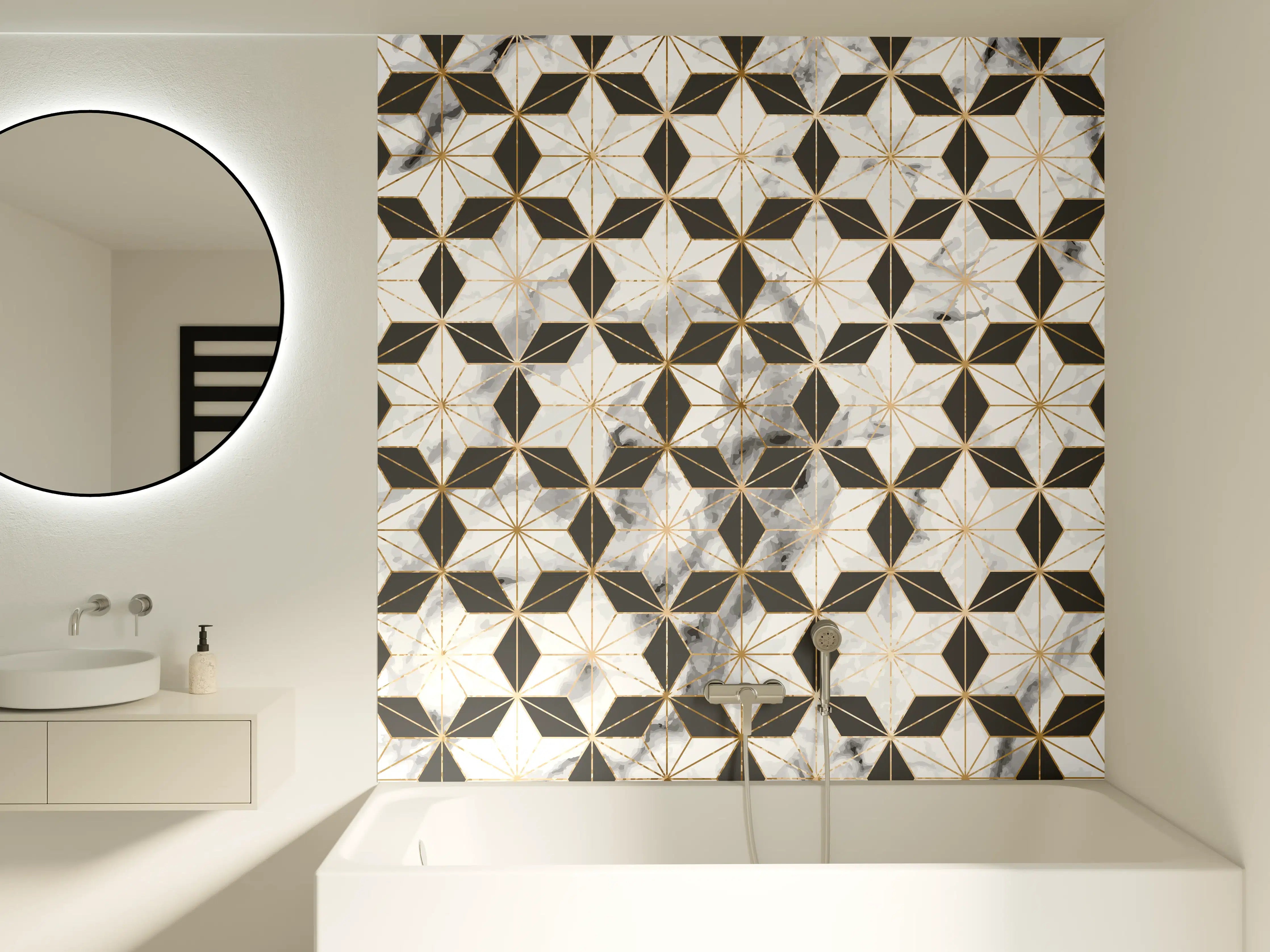 Badewannen-Rückwand - Weiß-Goldenes Musterdesign