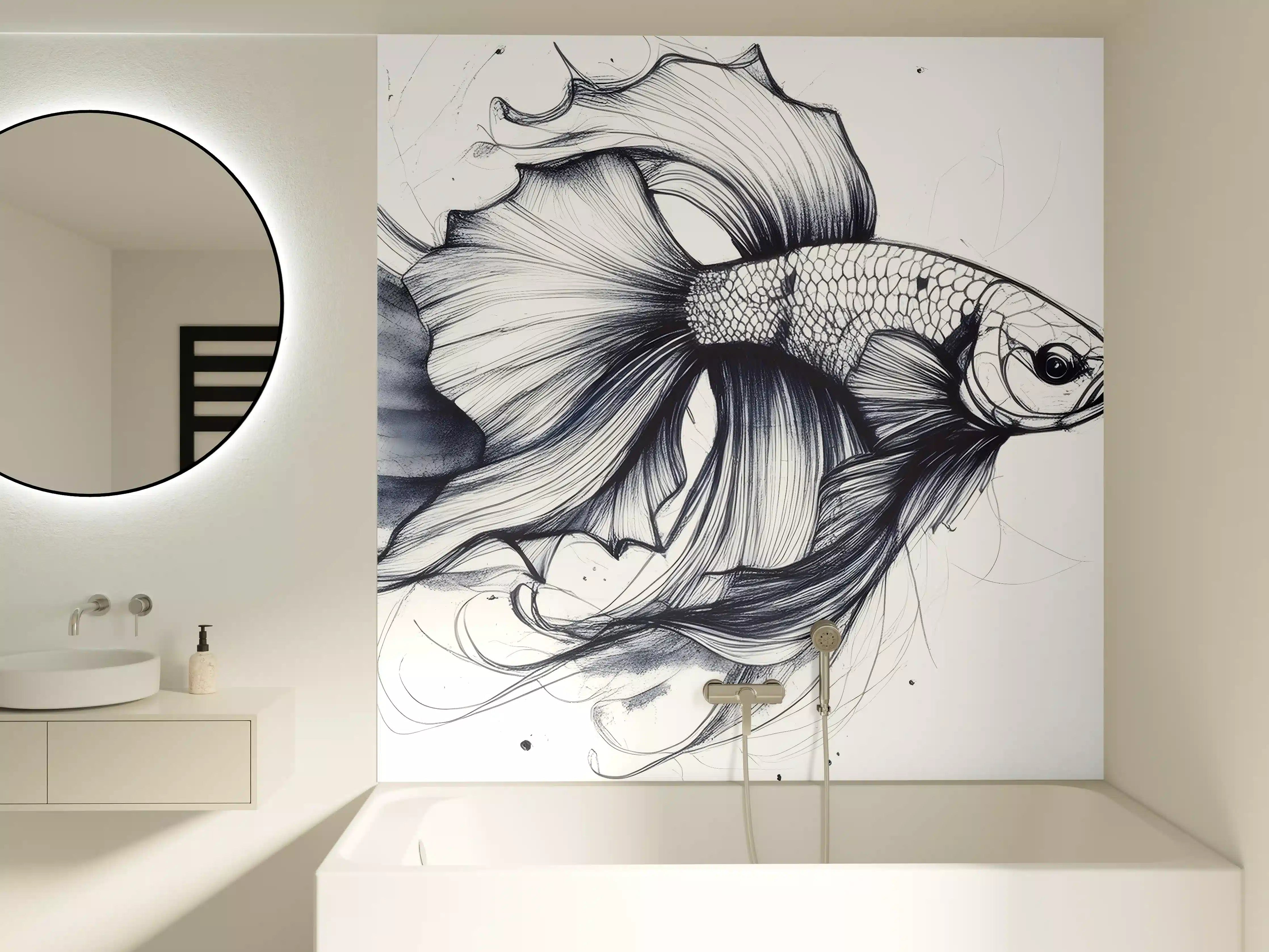 Badewannen-Rückwand - Weiß-Grau Betta-Fisch Illustration