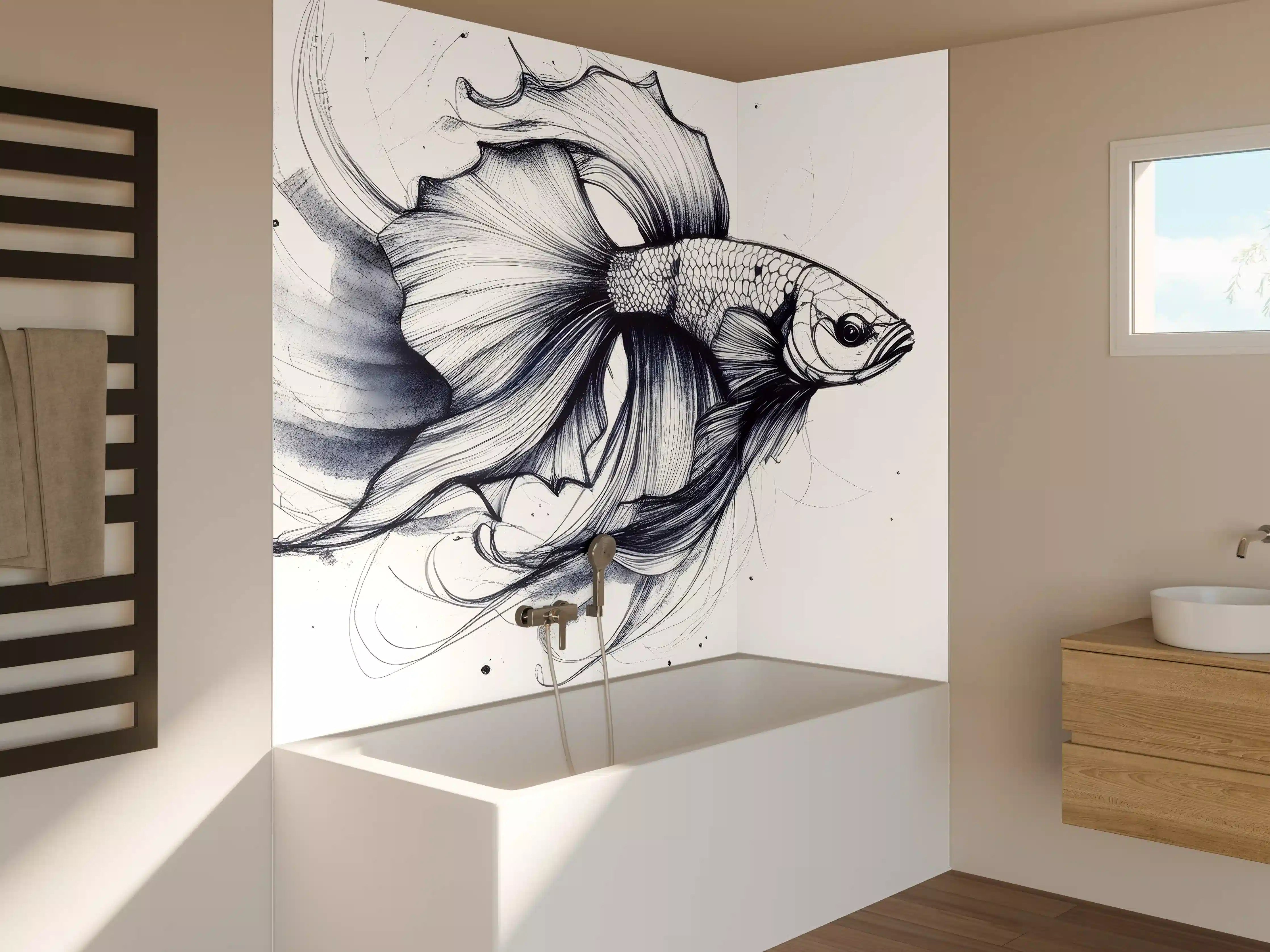 Badewannen-Rückwand - Weiß-Grau Betta-Fisch Illustration